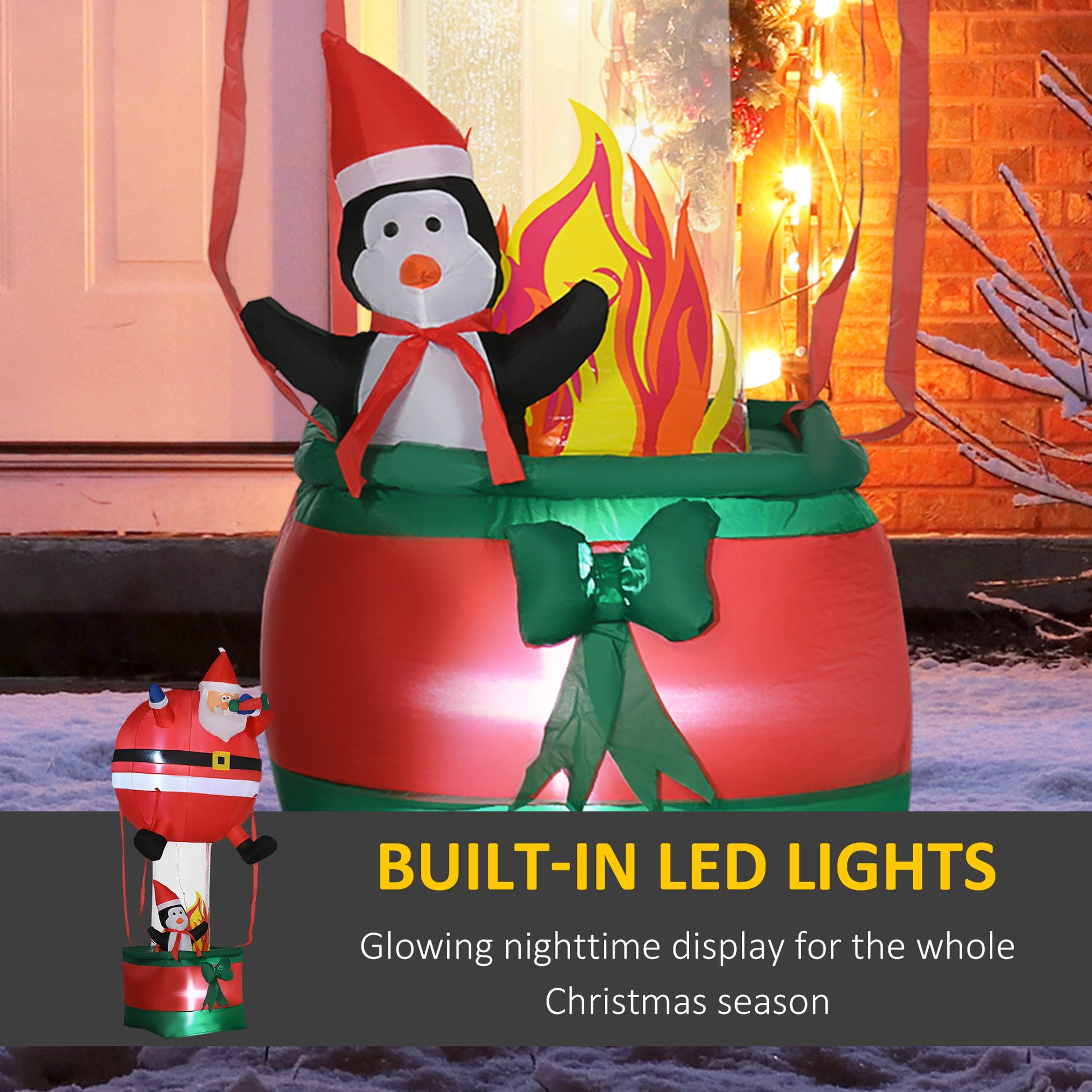 Outsunny 8Ft Christmas Inflatables Outdoor Decorations Santa Claus Hot Air Balloon With Penguin, Blow Up Led Yard Christmas Decor For Lawn Garden Party Red Polyester