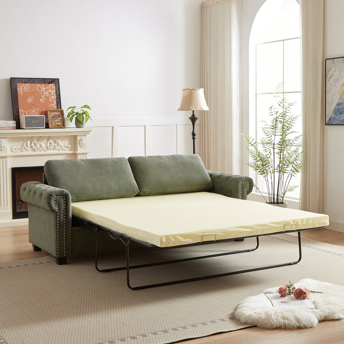 Fx 83.8" Convertible Sleeper Sofa Bed, 2 In 1 Pullout Sofa Bed, Polyester Sleeper Sofa Bed With Folding Mattress, Living Room Pullout Sofa Bed, Apartment Small Space Sofa Sleeper Green Polyester Pine Foam Fabric 3 Seat