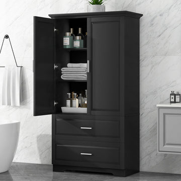 Tall Bathroom Storage Cabinet, Cabinet With Two Doors And Drawers, Adjustable Shelf, Mdf Board, Black Black Mdf