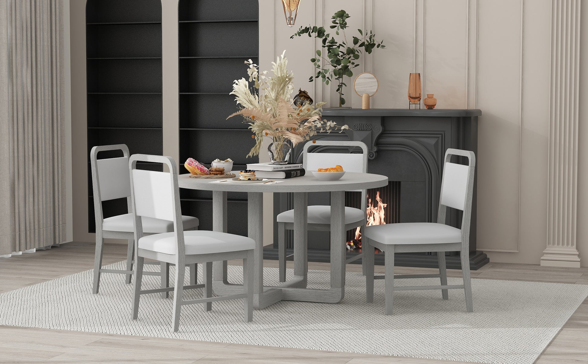 5 Piece Retro Dining Set, Round Table Top With Radial Wood Grain Design And 4 Upholstered Chairs For Dining Room And Kitchen Antique Gray Antique Gray Solid Wood Mdf