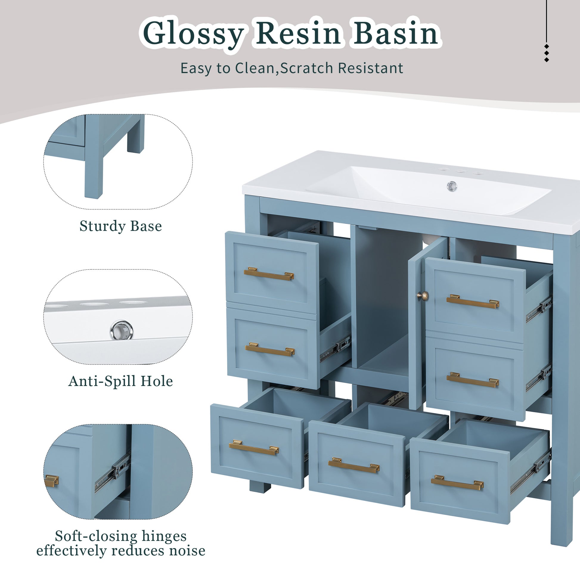 36'' Bathroom Vanity With Resin Sink Combo, Solid Wood Frame Bathroom Storage Cabinet, Freestanding Vanity Set With 5 Drawers& Soft Closing Doors Same As N710S136002M Blue Bathroom Solid Wood Mdf Resin
