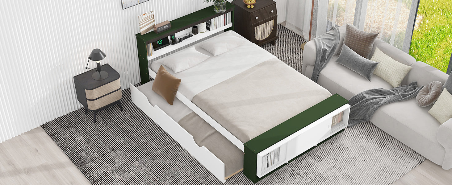 Full Size Platform Bed With Trundle,Storage Headboard And Footboard, Usb Charging Design,White Green Full White Green Solid Wood Mdf