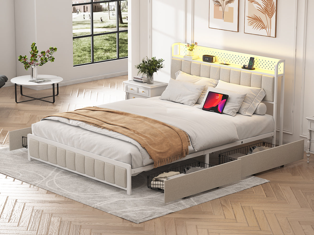 Full Size Platform Bed With 4 Drawers, Metal Bed Frame With Led Lights And Charging Station, No Box Spring Needed, Beige , Noise Free,Easy Assemble. Box Spring Not Required Full Beige Metal Bedroom Bed Frame Linen Mdf Metal