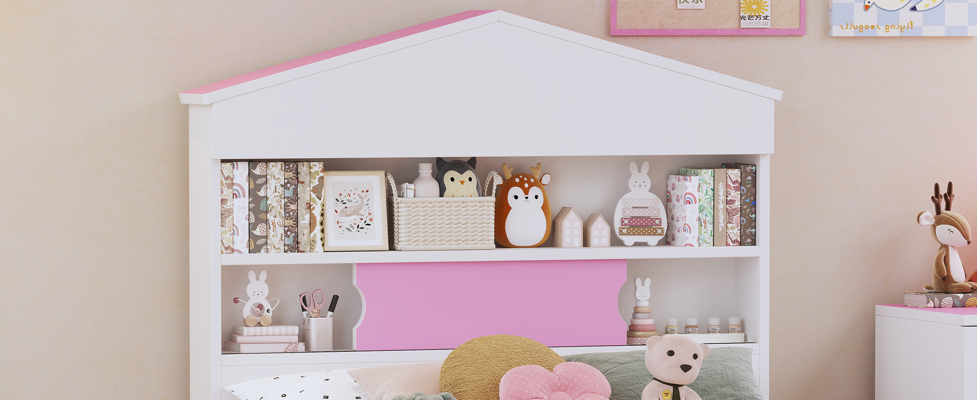 Twin Size House Shaped Wooden Bed With Storage Shelf On The Headboard, Built In Two Storage Drawers, Pink Pink White Wood