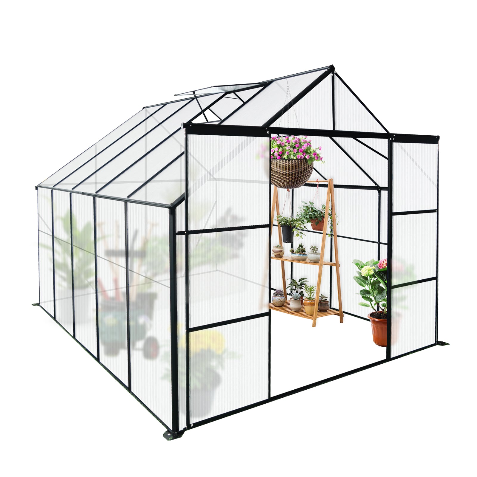 8X10Ft Double Door Polycarbonate Greenhouse Raised Base And Anchor Aluminum Heavy Duty Walk In Greenhouses For Outdoor Backyard In All Season,Black Black Aluminium