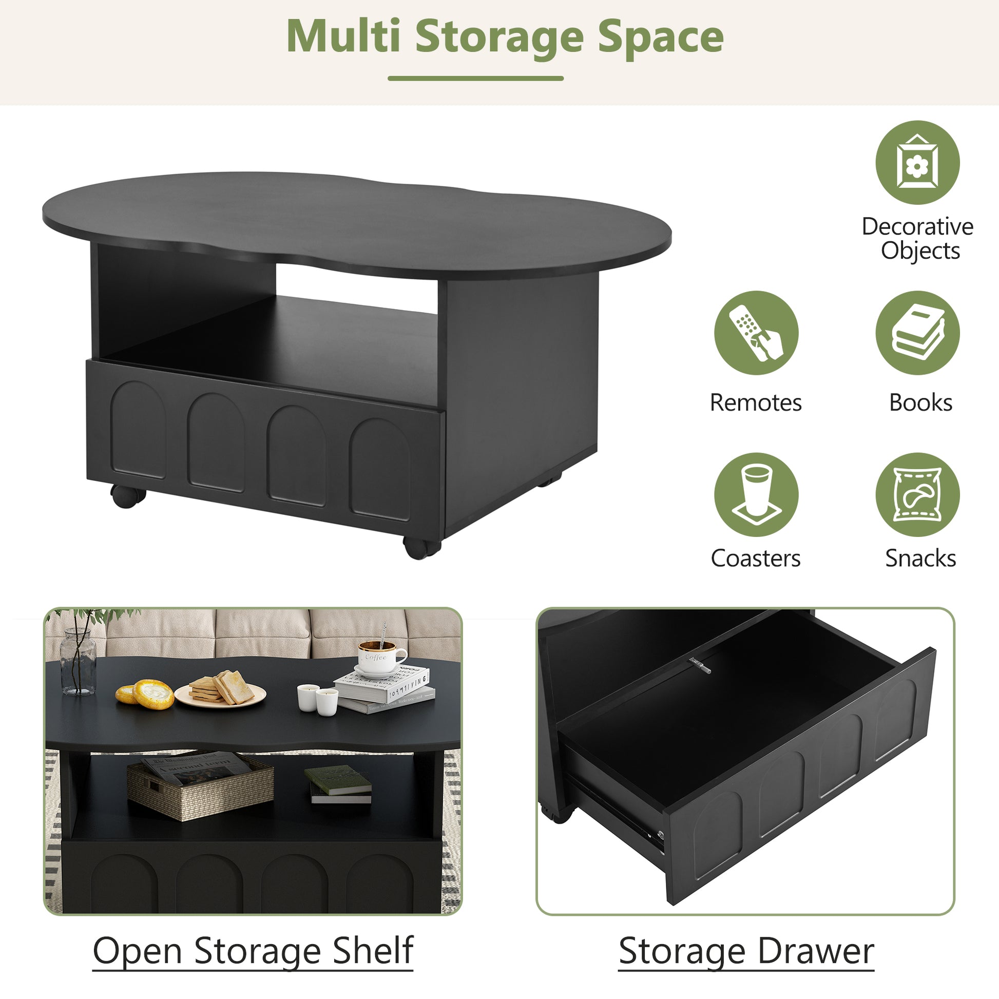 Flexible Cream Style Coffee Table With 2 Brake Wheels, Cloud Top Side Table With Drawer, Irregular Center Table With Large Storage For Living Room, Black, 39.37''X 23.6'' Black Particle Board