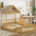 Wooden Floor Bed With Fence Railings And Detachable House Shape Headboard,Full Size Bed With Kids Dress Up Rack, Kids Montessori Style Playhouse Frame For Girls Boys, Natural Full Natural Wood