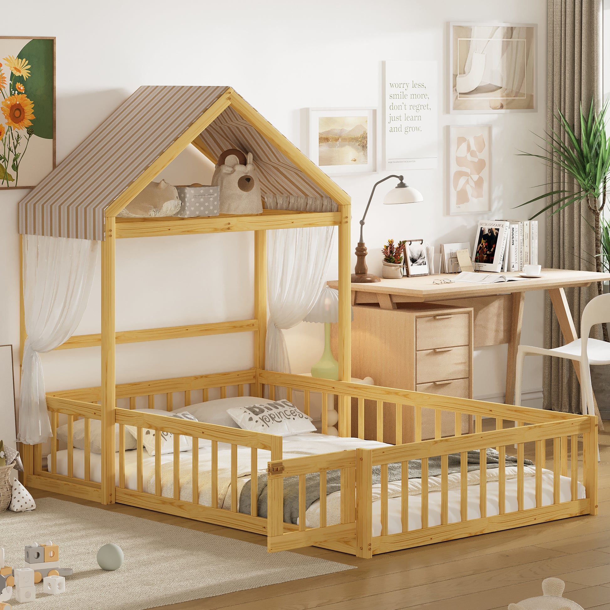 Wooden Floor Bed With Fence Railings And Detachable House Shape Headboard,Full Size Bed With Kids Dress Up Rack, Kids Montessori Style Playhouse Frame For Girls Boys, Natural Full Natural Wood