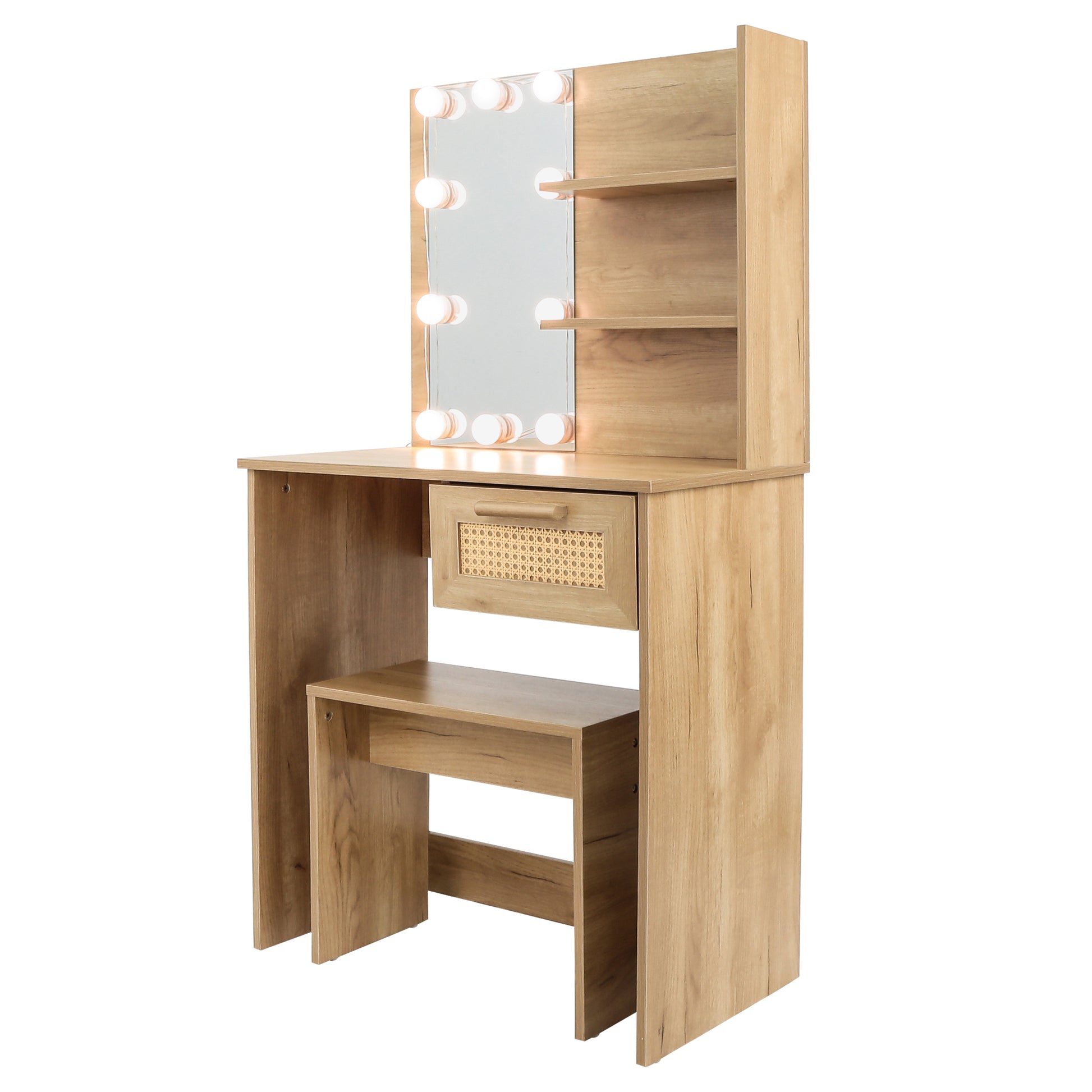 Vanity Desk Set Stool & Dressing Table With Led Lighting Mirror Drawer And Compartments Modern Wood Cosmetic Table Chest Of Drawers Nature Color Natural Wood Particle Board