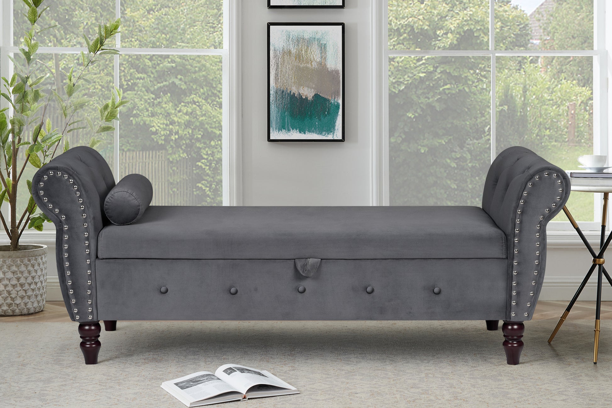 48.3 Inch Storage Bench, Modern Velvet Ottoman, Large Capacity Storage Bench With Armrest, Suitable For Living Room, Bedroom H Gray Armrest Gray Brown Velvet Primary Living Space Black Modern,Sporty Eucalyptus Wood Internal Storage Upholstered Metal &