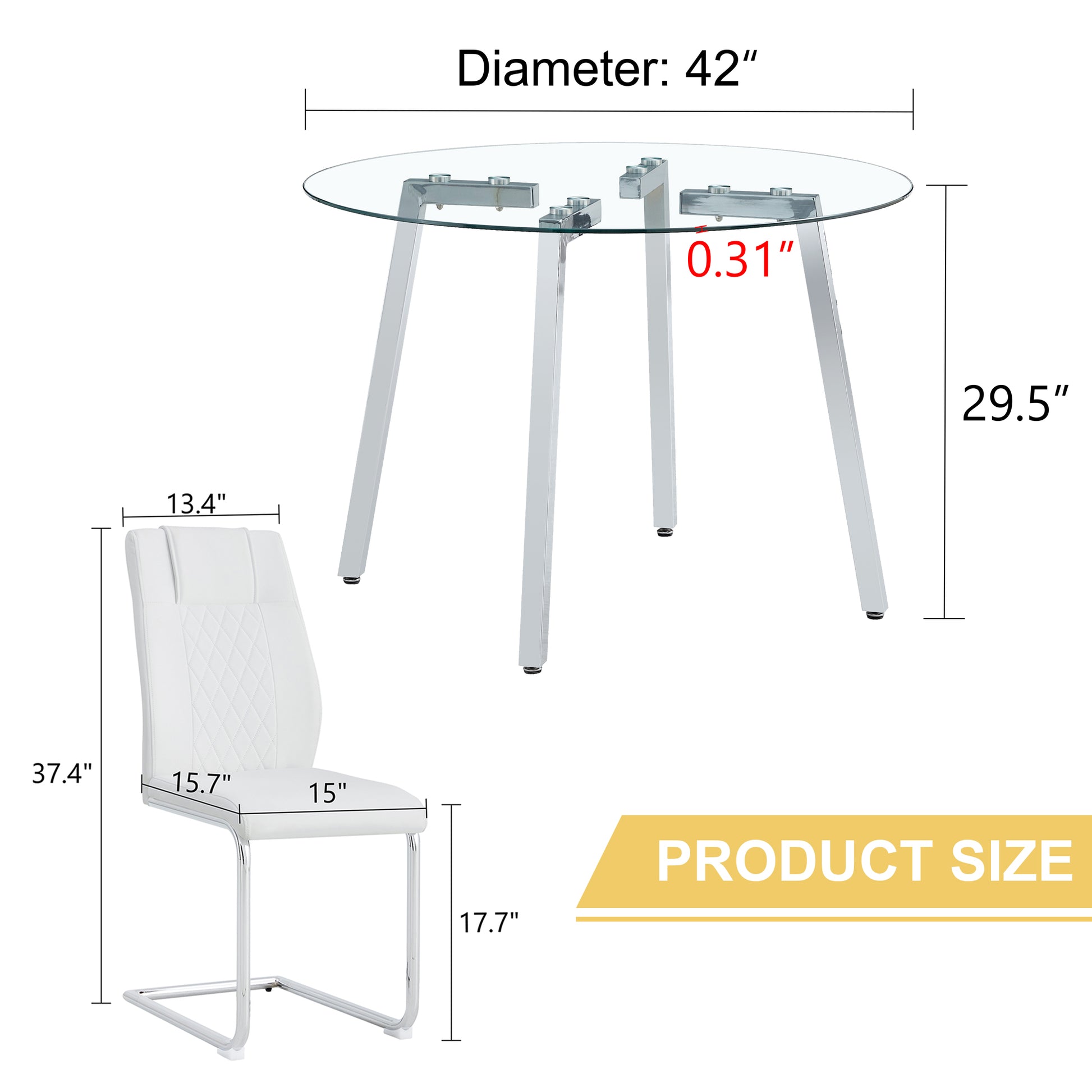 Table And Chair Set.A Modern Minimalist Style Round Clear Tempered Glass Table With Silver Metal Legs.Paried With 4 Chairs With Modern Pu Leather High Back Upholstered And C Tube Chrome Legs. Silver,White Seats 4 Glass Metal