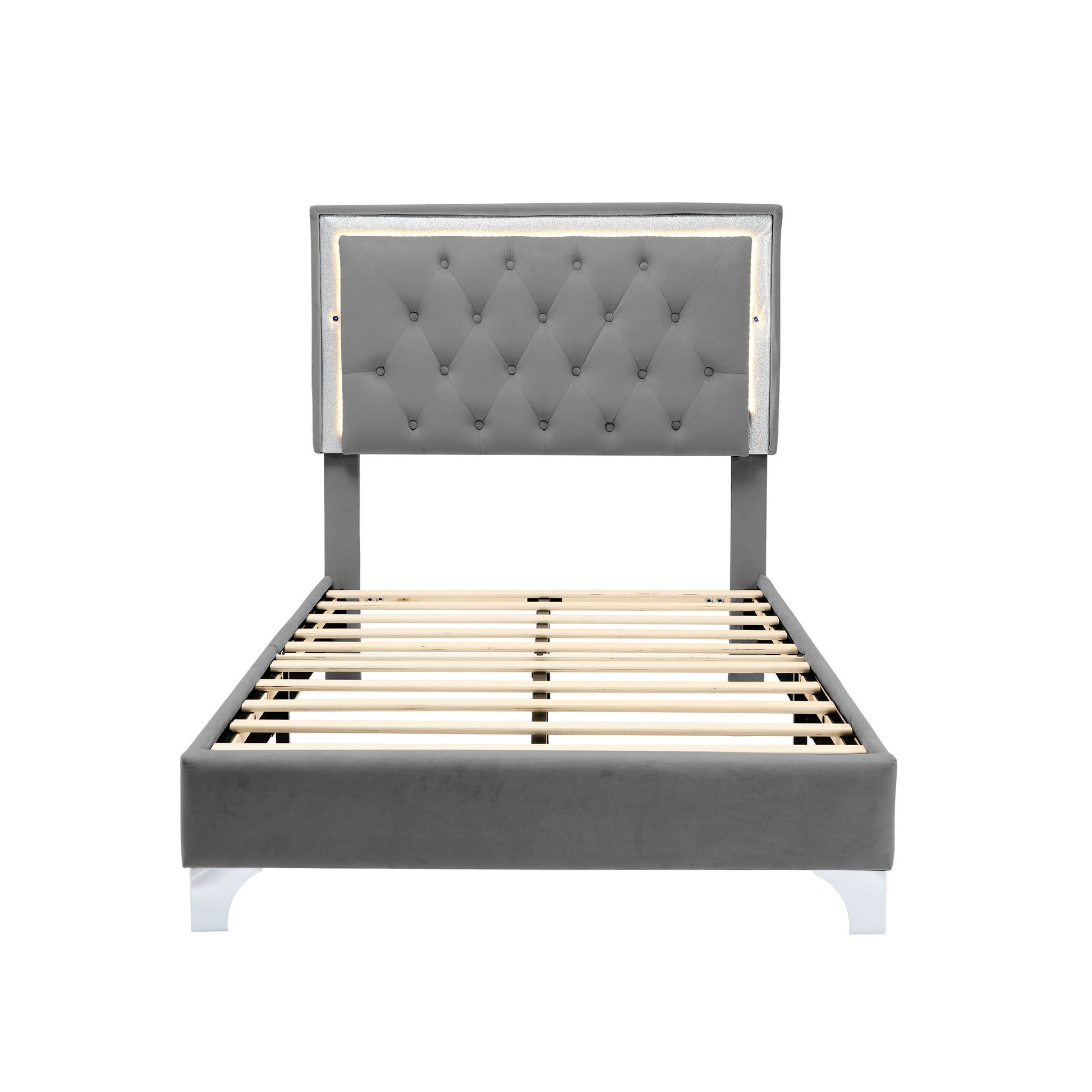 Twin Size Upholstered Bed Frame With Led Lights,Modern Velvet Platform Bed With Tufted Headboard,Grey Twin Grey Velvet