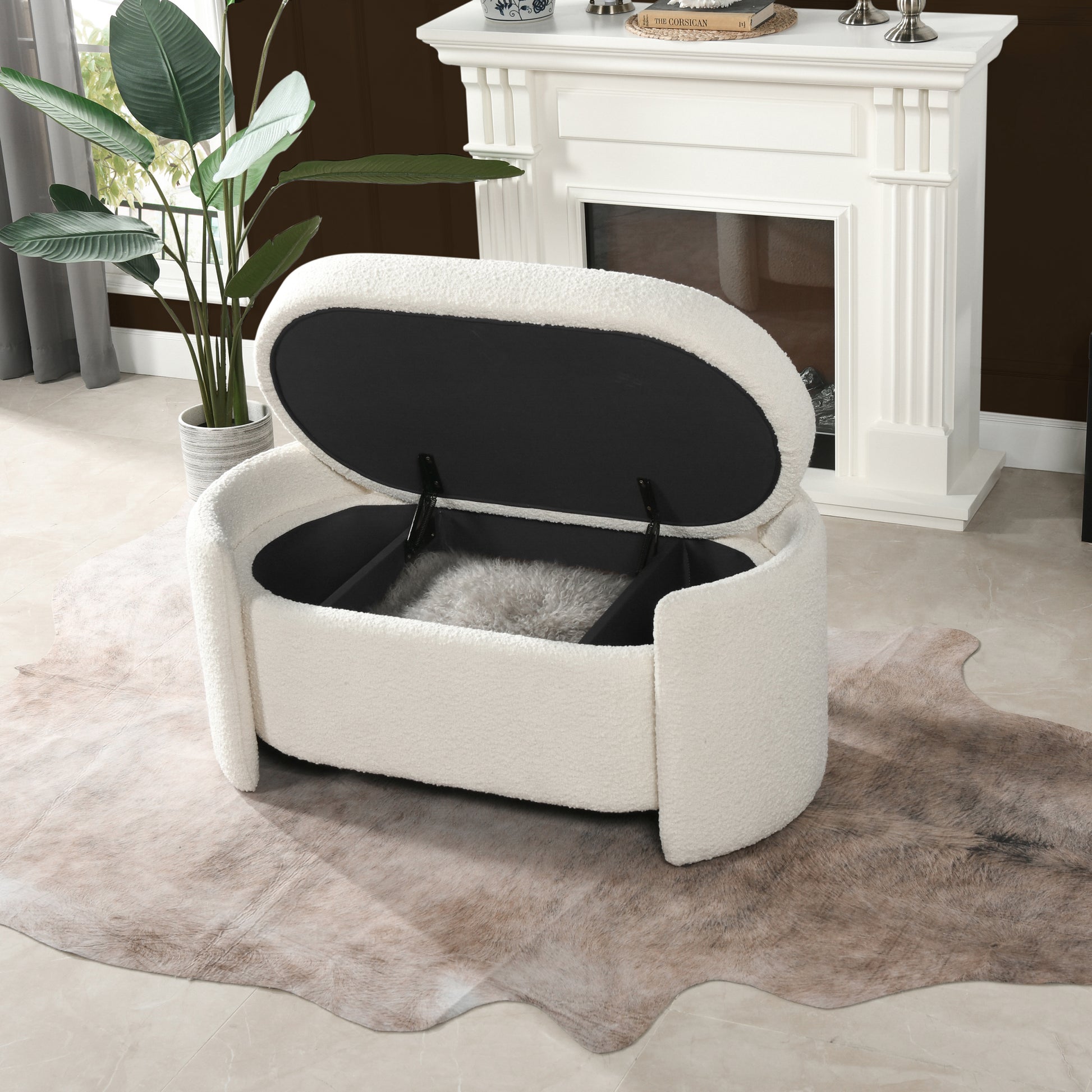 Fuji 43" Upholstered Oval Storage Bench, Ivory White Boucle White Foam Boucle