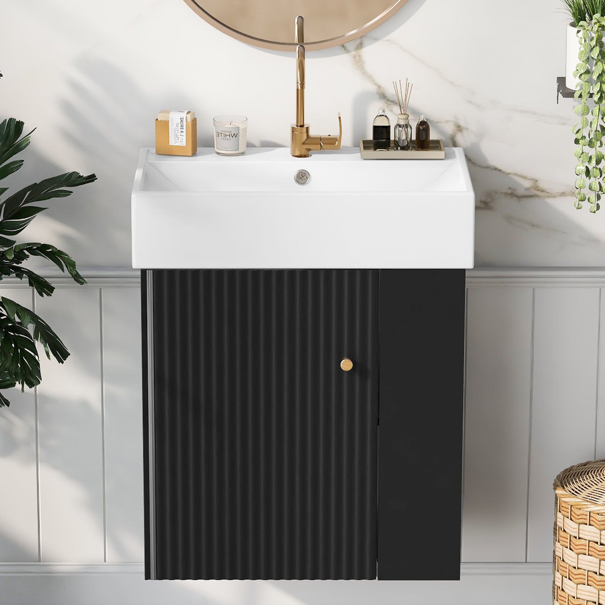 Video 21.6 Inch Modern Floating Bathroom Vanity With Ceramic Basin Perfect For Small Bathrooms, Right Side Storage Black Bathroom Ceramic Mdf