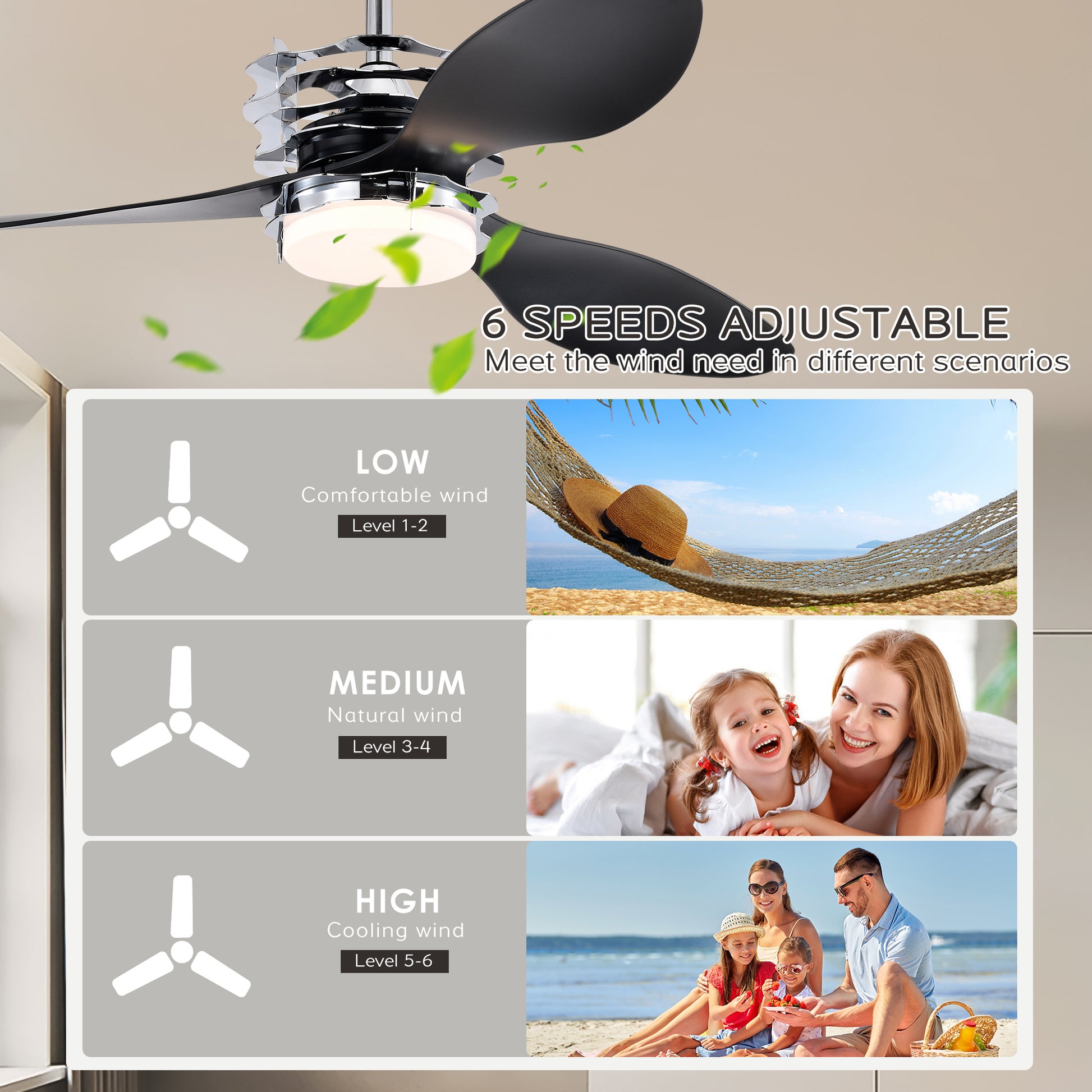 52'' Abs Blades Ceiling Fan With Lights And Remote 6 Speeds Adjustable Dc Motor Modern Ceiling Fan With 3 Abs Fan Blades & 2 Down Rods, Indoor Ceiling Fan With Light For Home Use Chrome American Design Abs Metal