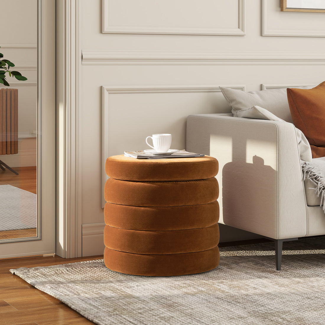 Fuji 19" Oversized Round Storage Ottoman, Burnt Orangeperformance Velvet Burnt Orange Foam Velvet