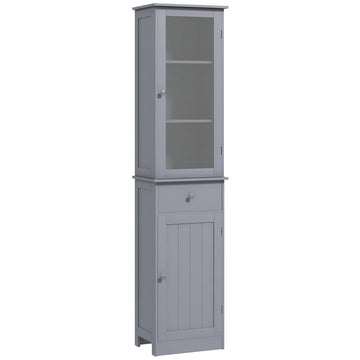 Kleankin Slim Bathroom Storage Cabinet, Tall Bathroom Cabinet, Narrow Linen Tower With Acrylic Door, Drawer And Shelves, Gray Gray Mdf