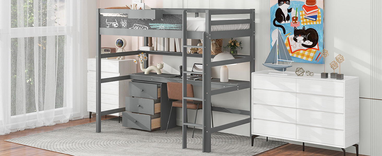 Wood Twin Size Loft Bed With Desk, Blackboard, Storage Box, Shelf And 3 Drawers, Gray Box Spring Not Required Twin Gray Wood Solid Wood Mdf