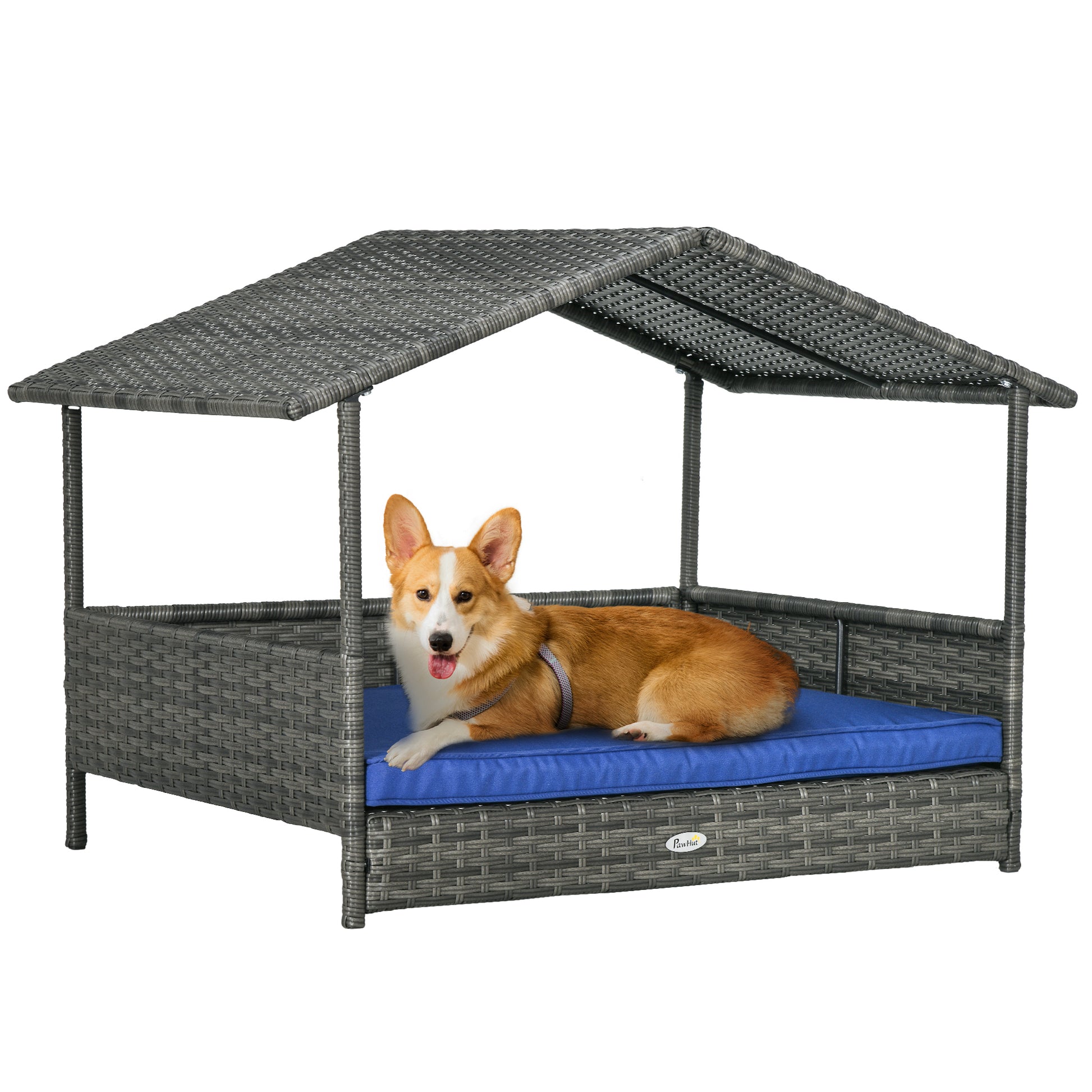 Pawhut Wicker Dog House Outdoor With Canopy, Rattan Dog Bed With Water Resistant Cushion, For Small And Medium Dogs, Dark Blue Blue Rattan