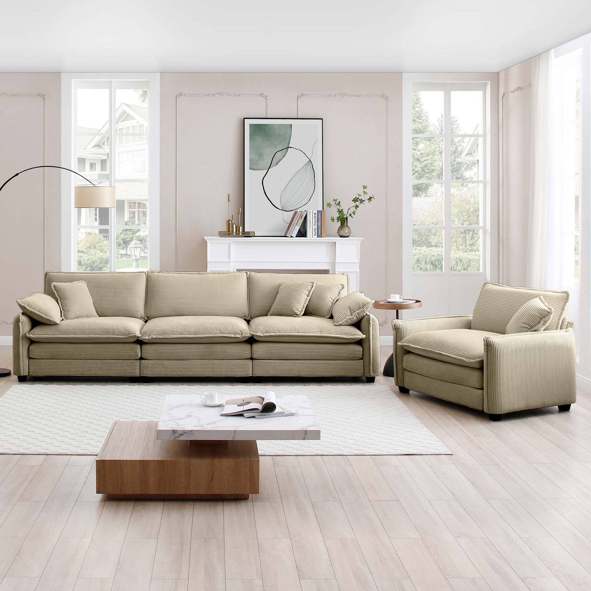 Mid Century Modern Sofa Set Of Two, One 3 Seater Sofa And One Single Seat Sofa With 2 Arm Pillows And 4 Throw Pillows,2 Pieces Sofa Set For Living Room,Tan Corduroy Fabric Tan Corduroy 4 Seat