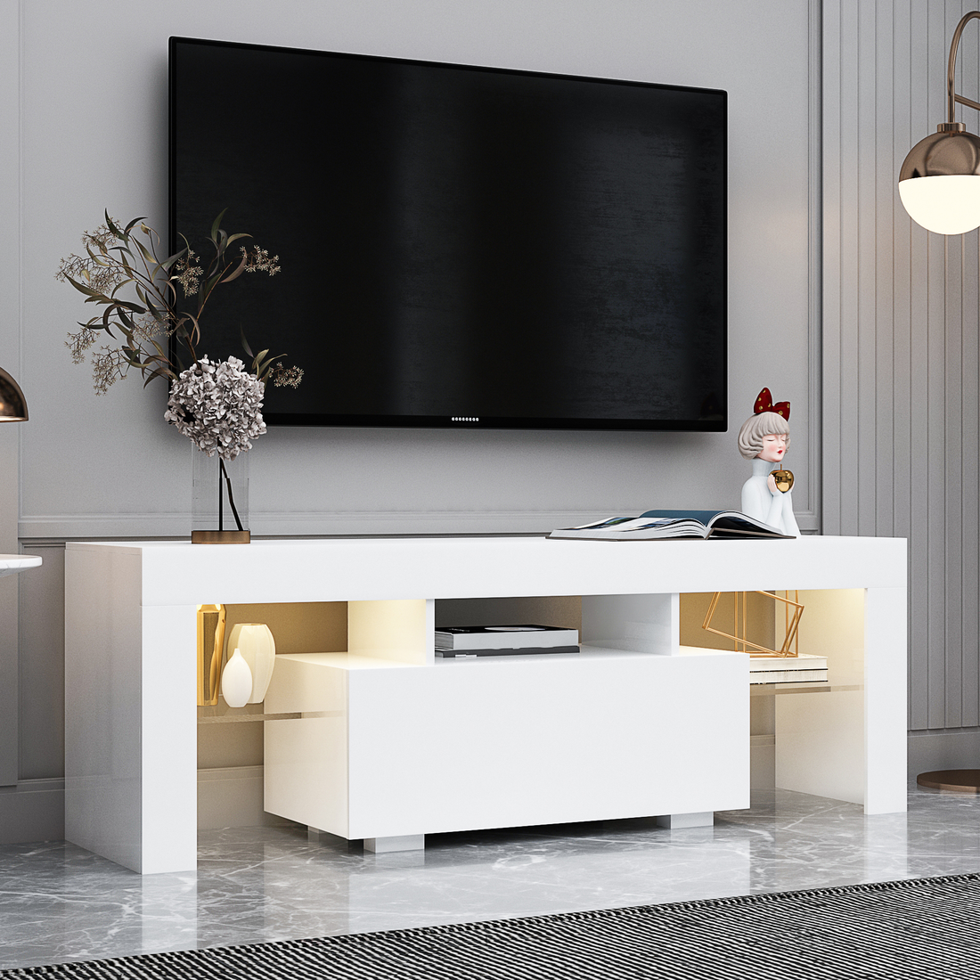 Entertainment Tv Stand, Large Tv Stand Tv Base Stand With Led Light Tv Cabinet. White 50 59 Inches Mdf