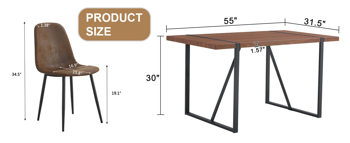 Table And Chair Set. A Minimalist Retro Rectangular Dining Table With A Specially Textured Top And Black Metal Legs, Paired With 4 Soft Chairs And Black Metal Legs, Showcases A Beautiful Home Style.