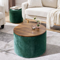 2 Piece Set Round Chenille Storage Ottoman, Equipped With A Drum Shaped Small Stool, Storage Space, And Mdf Made Desktop Panel Dark Green23.62