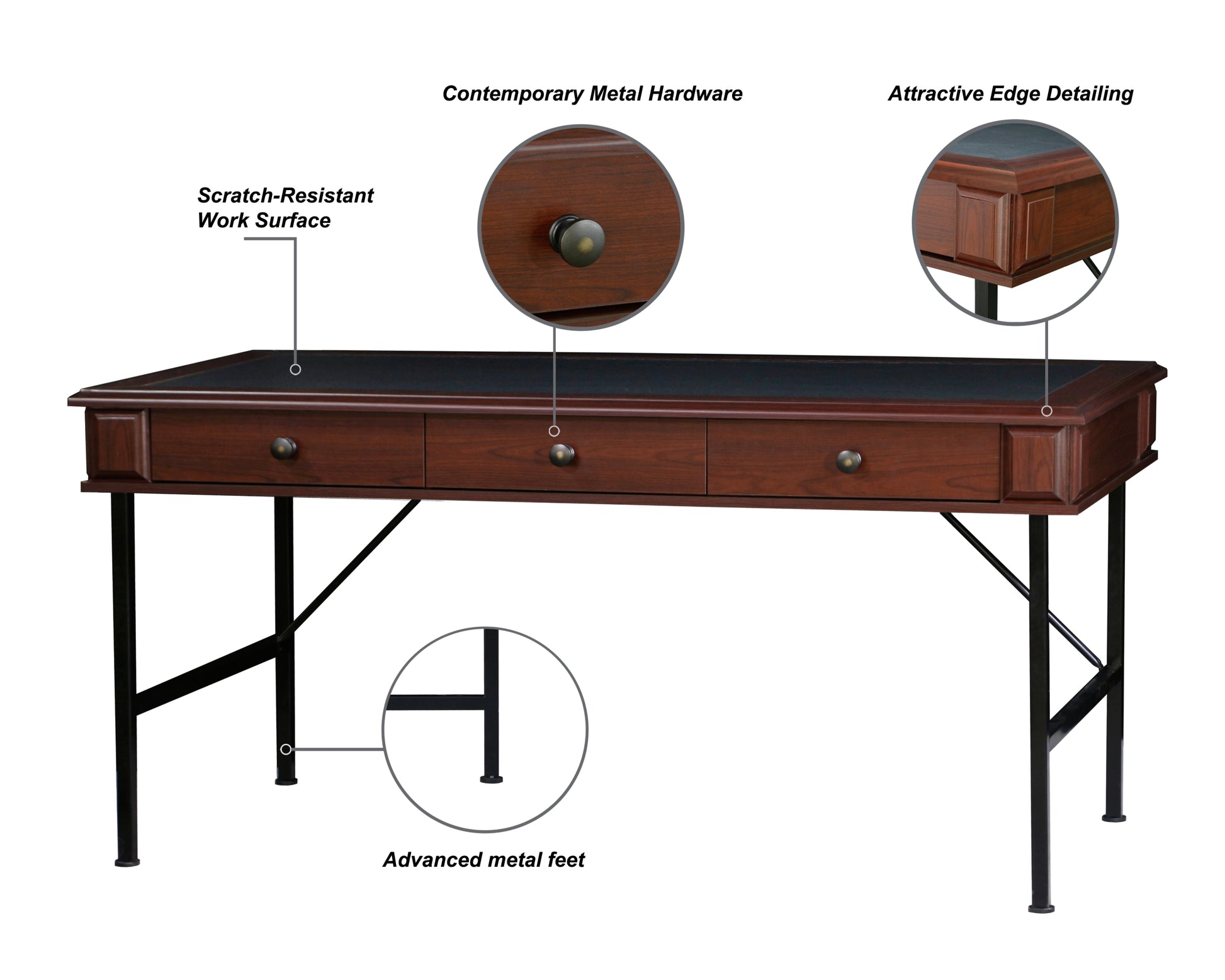 63" Writing Desk "Chic Cherry And Black Dual Tone Office Desk Elegant, Durable Writing Table With Storage Drawers And Metal Frame" Cherry Solid Wood