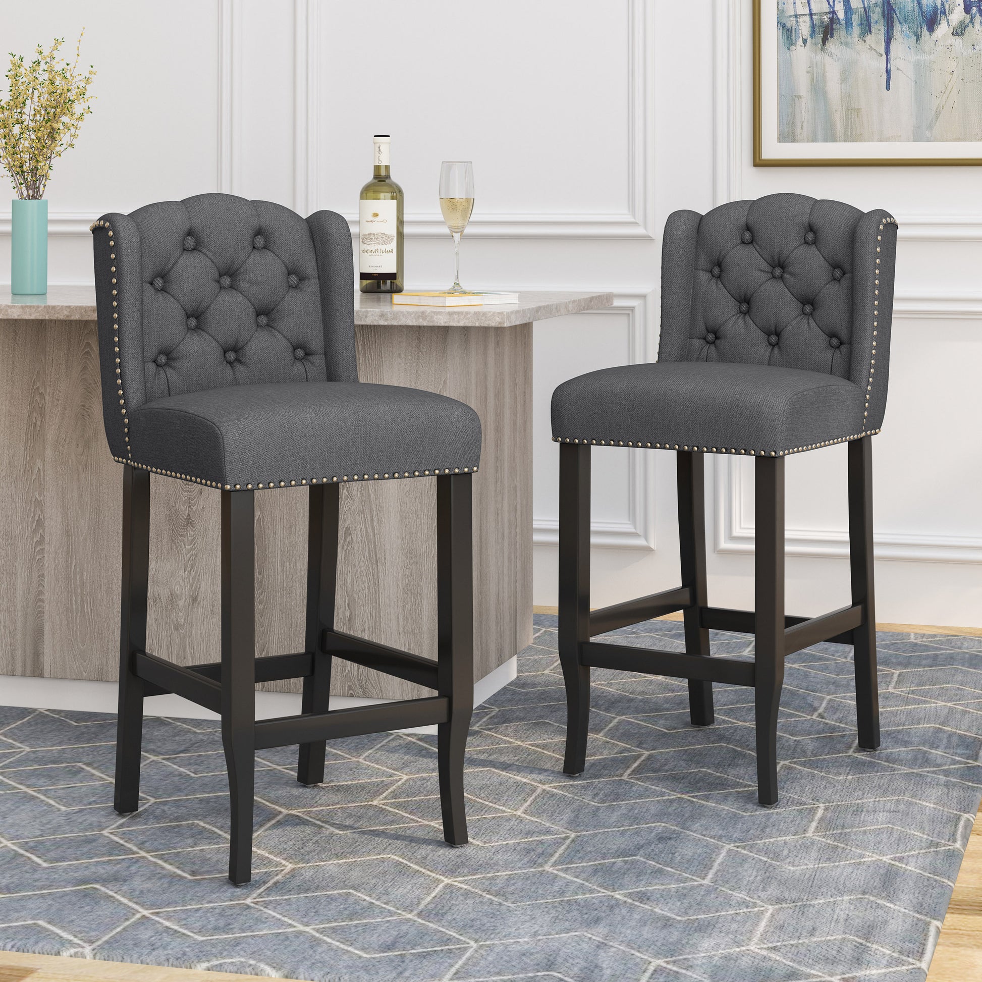 Vienna Contemporary Fabric Tufted Wingback 31 Inch Counter Stools, Set Of 2, Charcoal And Dark Brown Charcoal Fabric