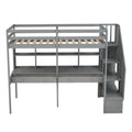 Twin Size Loft Bed Frame With Storage Staircase And Double Desks And Shelves,Gray Twin Gray Solid Wood Mdf