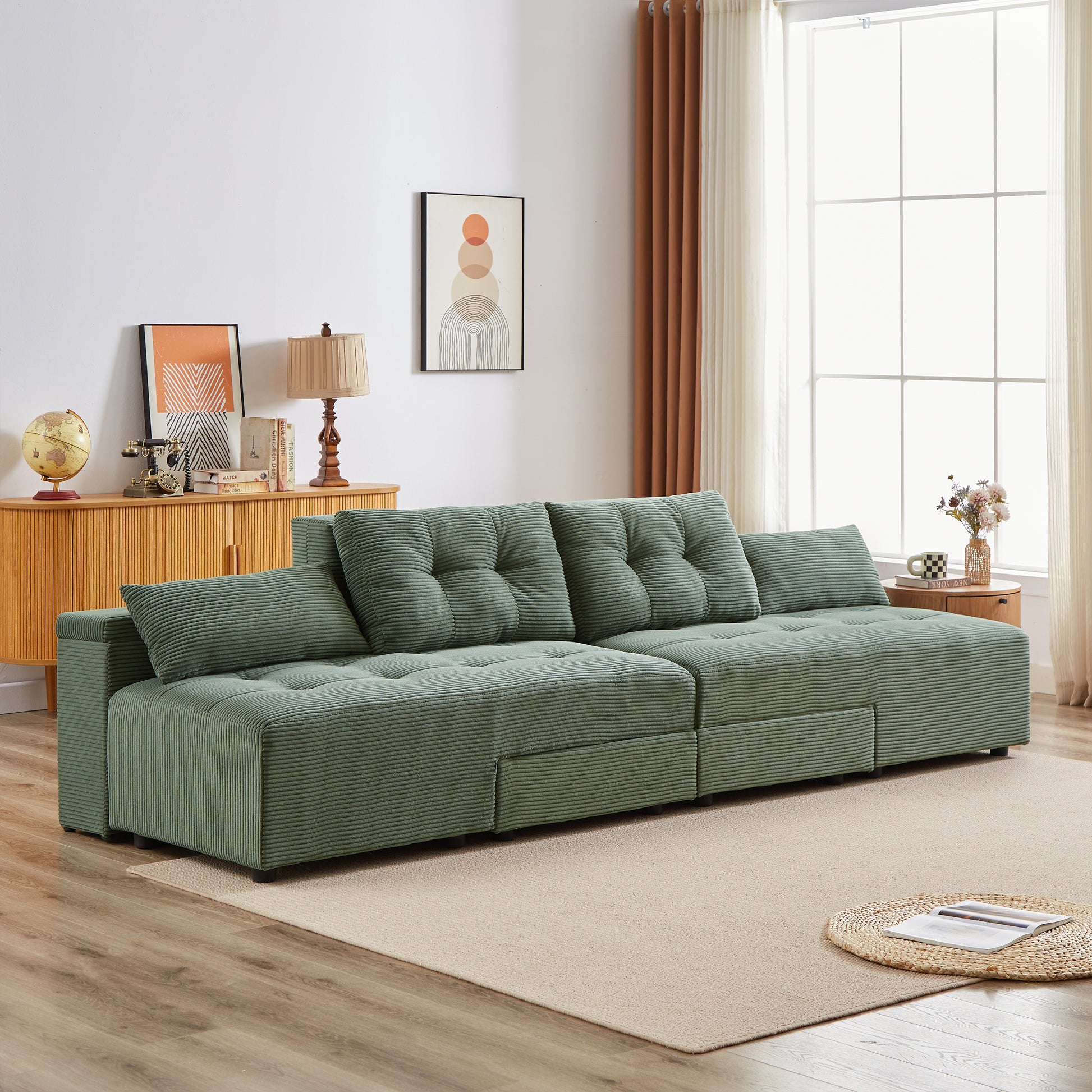 Convertible 3 In 1 Sleeper Sofa And Sectional Sofa With 4 Storage Space For Living Room,Corduroy Couch With 4 Pillows,Corduroy Army Green Corduroy 3 Seat