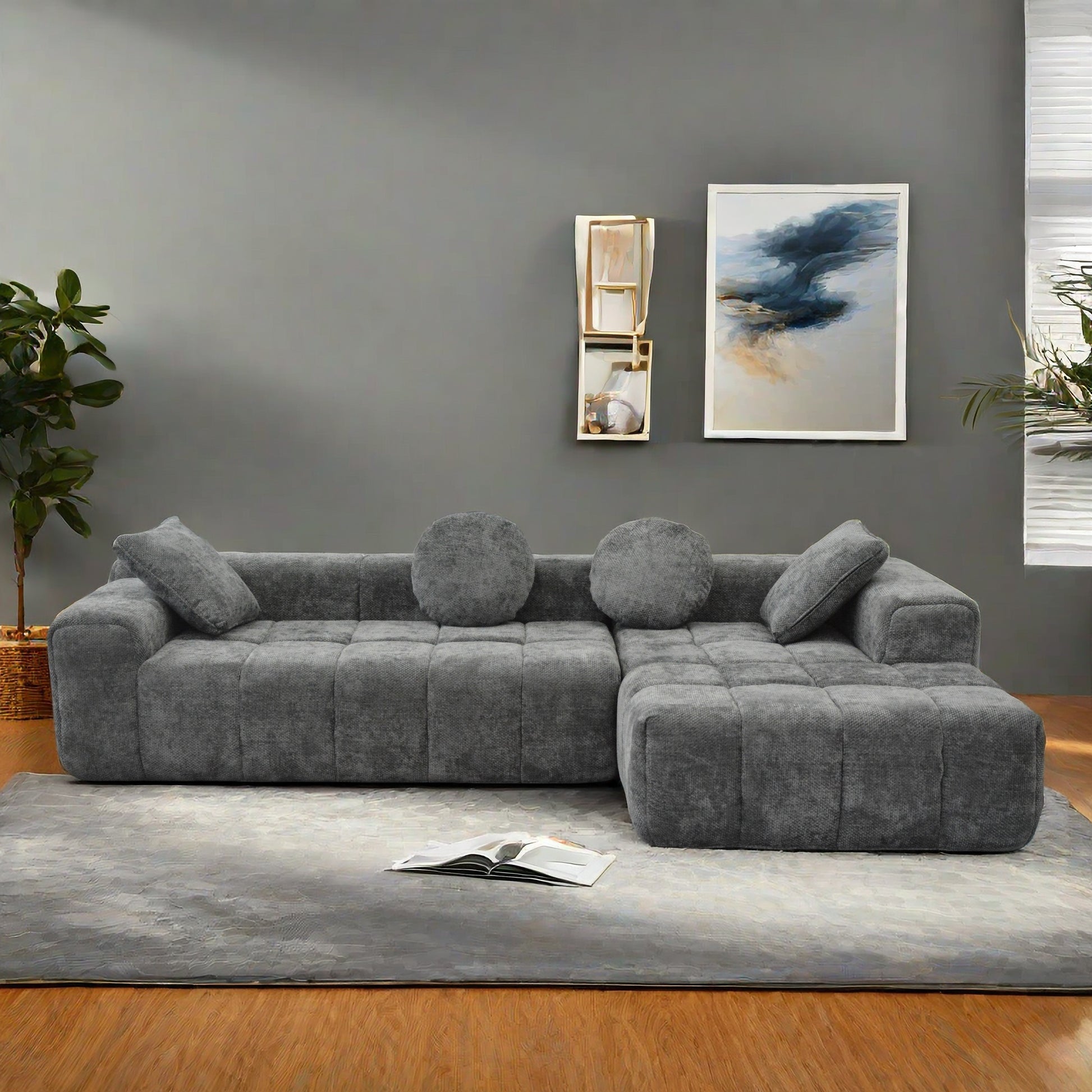L Shaped Modular Modern Compressed Gray Sofa,Comfy Corduroy Fluffy Couch With Deep Seat,No Assembly Required Couch For Living Room Gray Linen Wood Primary Living Space Soft Cushion Back Extra Heavy
