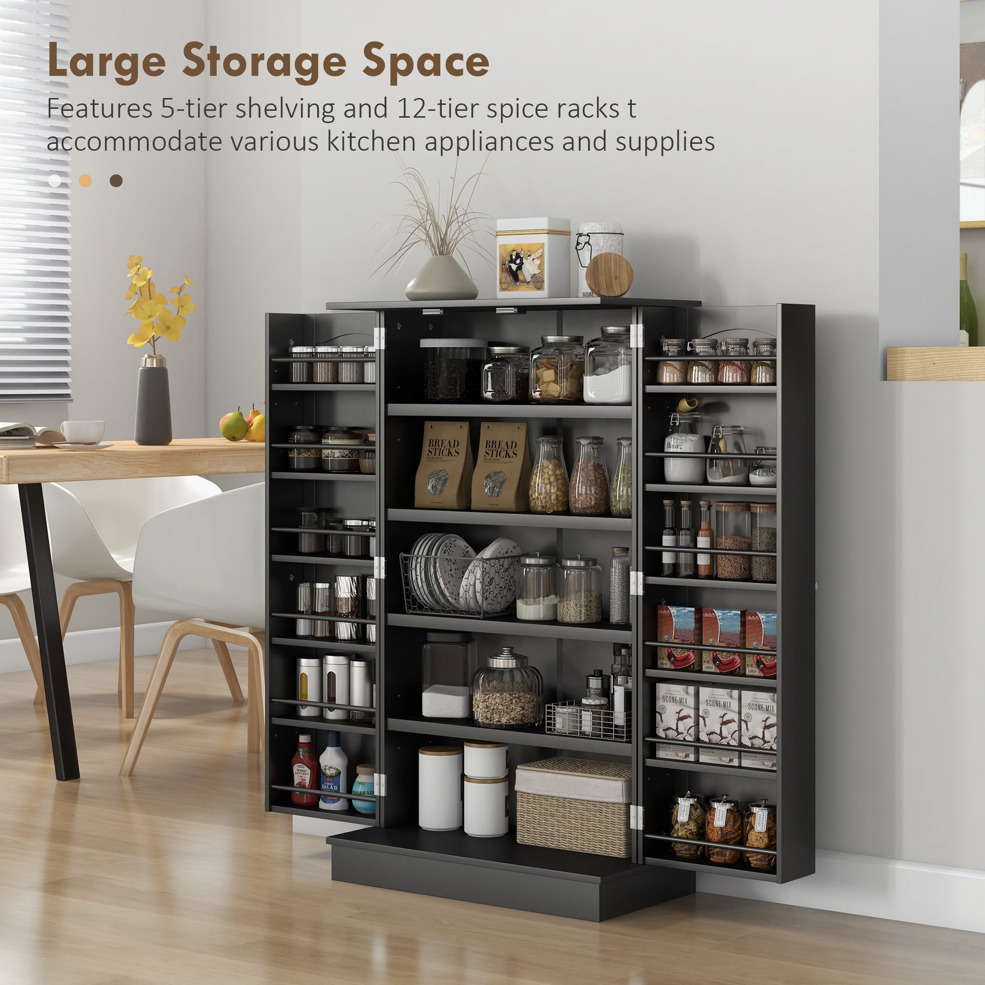 Homcom 41" Kitchen Pantry Storage Cabinet, Freestanding Kitchen Cabinet With 12 Door Shelves, Double Doors, 5 Tier Shelving And Adjustable Shelves, Black Black Mdf