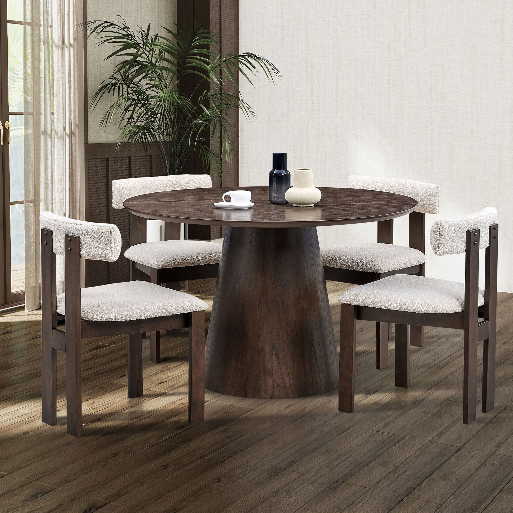 1 Table With 4 Chairs Wooden Dining Table Set, Modern Round Mdf Kitchen Table And Boucle Upholstered Dining Chairs For Dining Room, Kitchen, Saving Space, Brown Brown Solid Wood Mdf