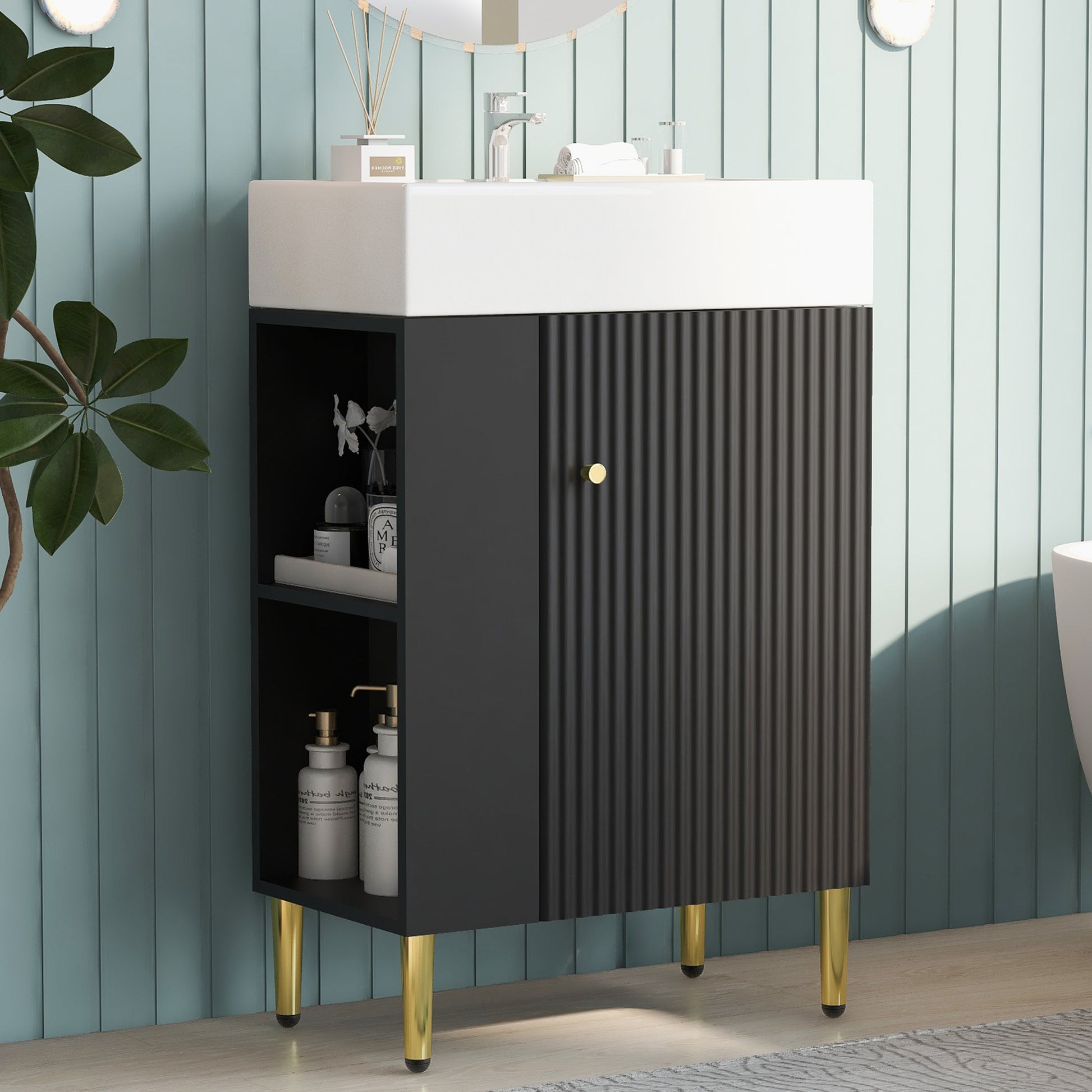 21.6" Black Bathroom Vanity, Combo Cabinet, Bathroom Storage Cabinet, Single Ceramic Sink, Left Side Storage Black Bathroom Ceramic Mdf