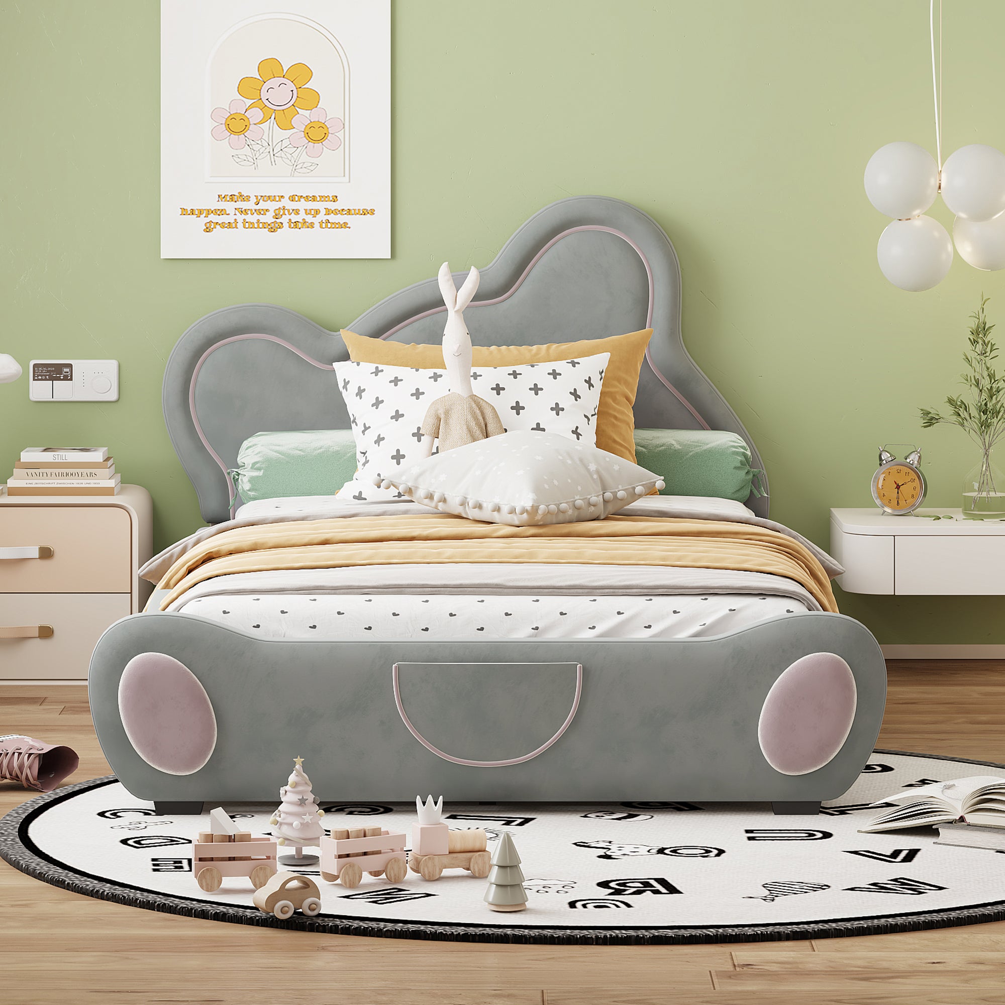 Twin Size Velvet Platform Bed With Bear Shaped Headboard, With Bed End Storage Pocket, Gray Twin Gray Plywood