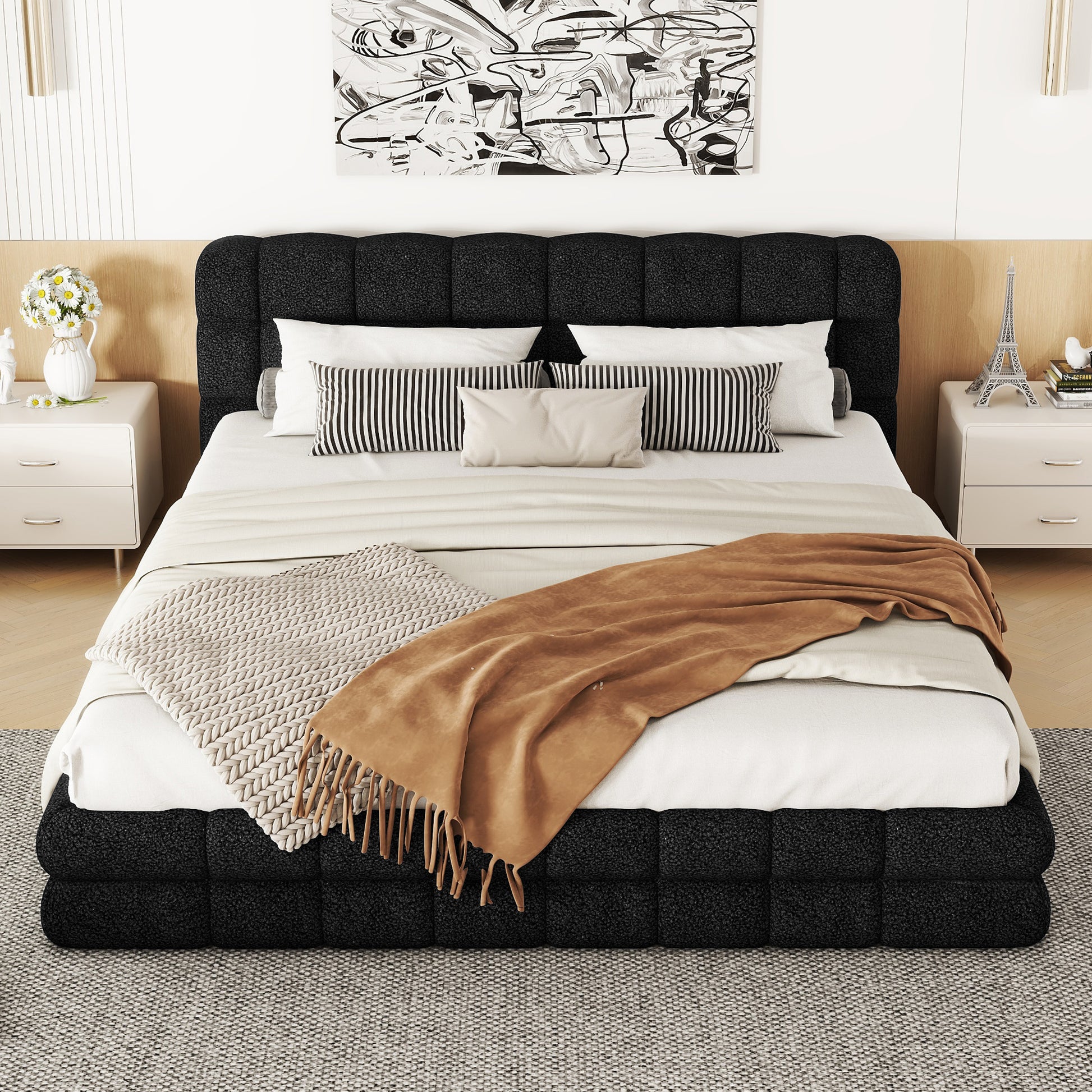 Queen Size Upholstered Platform Bed, Black Box Spring Not Required Queen Black Wood Bedroom Bed Frame Upholstered