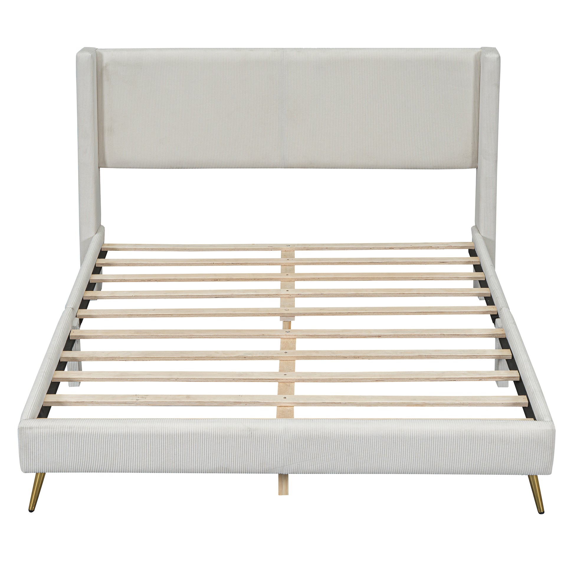 Queen Size Corduroy Platform Bed With Metal Legs, Beige Old Sku:Wf300238Aaa Queen Beige Corduroy