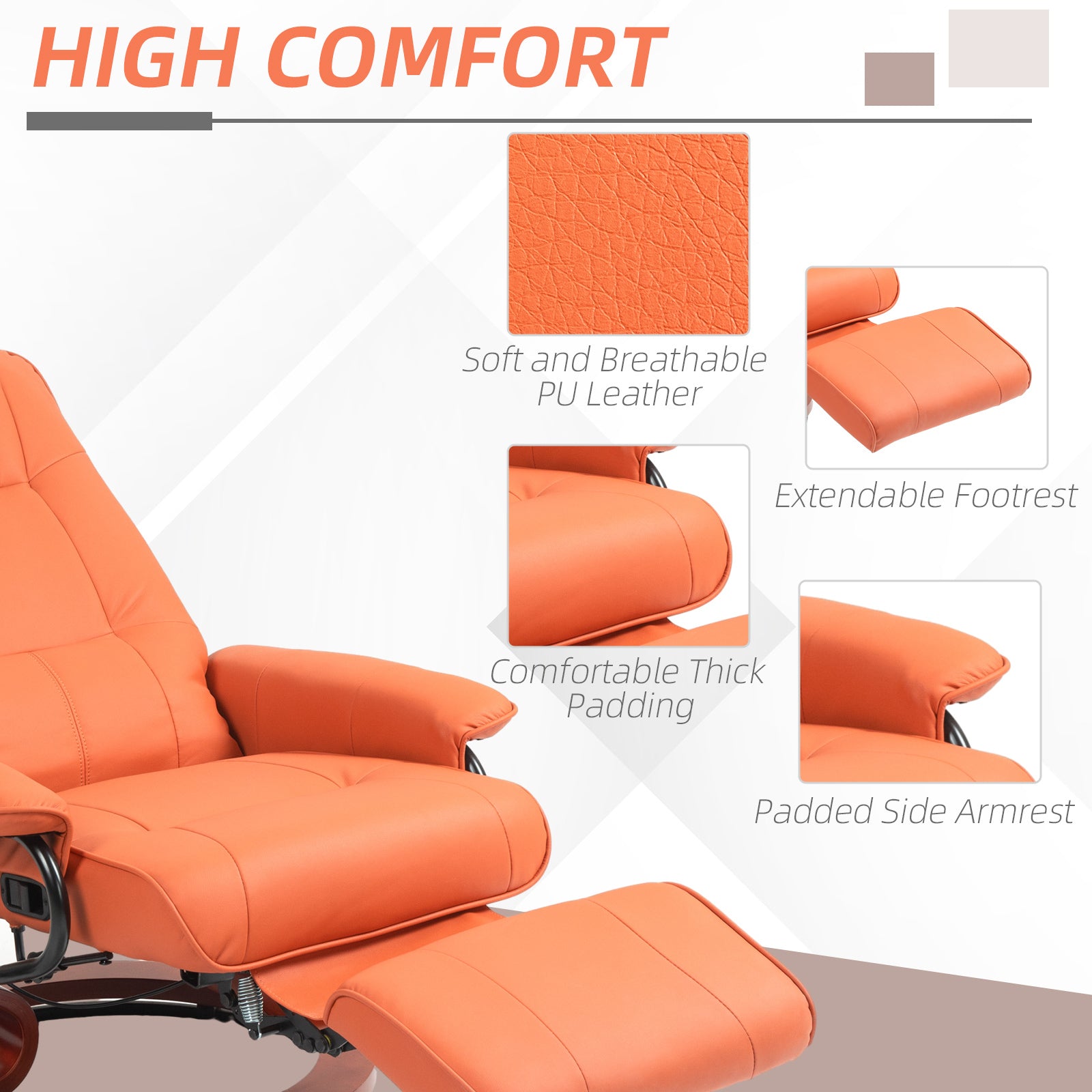 Homcom Faux Leather Manual Recliner, Adjustable Swivel Lounge Chair With Footrest, Armrest And Wrapped Wood Base For Living Room, Orange Orange Wood