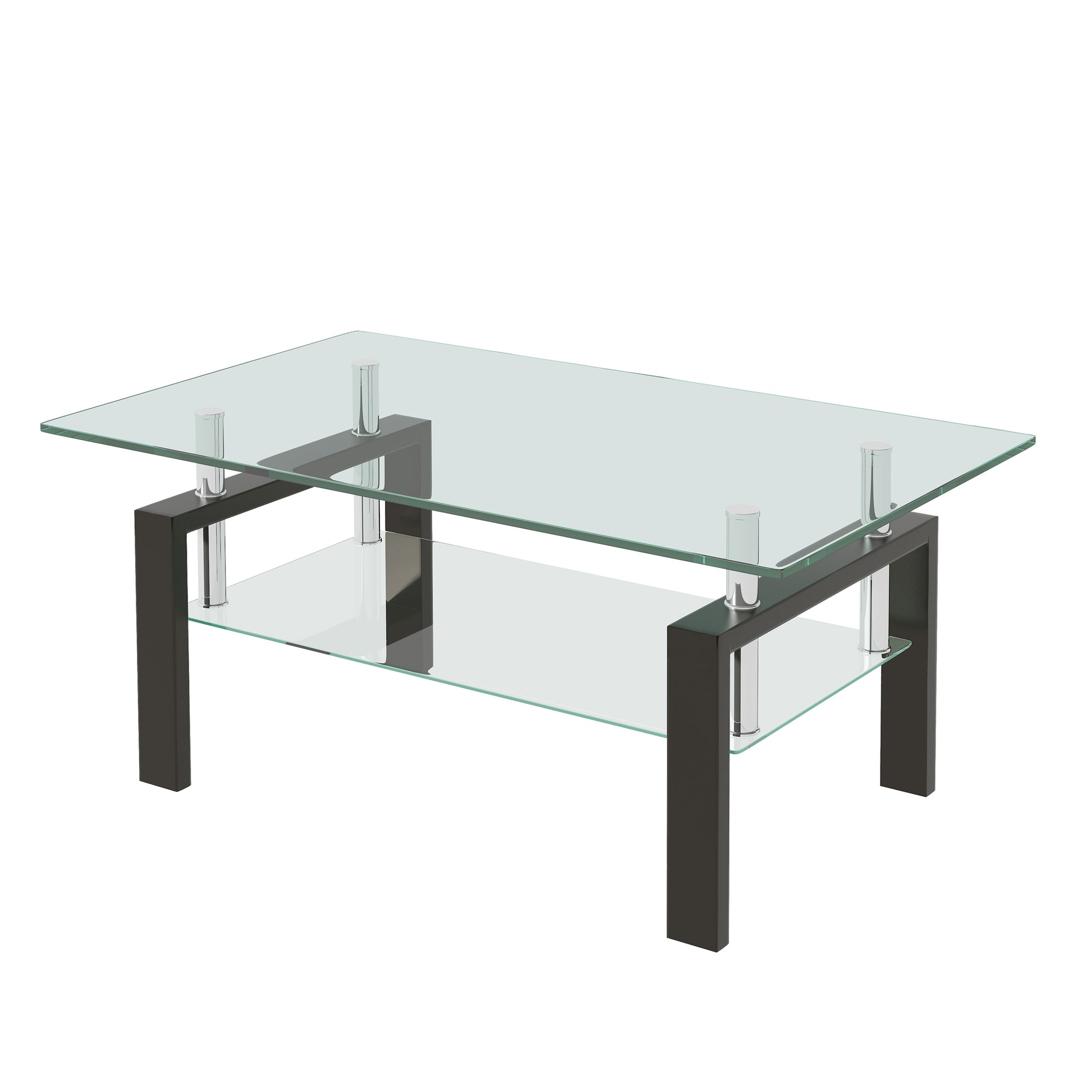 Transparent Tempered Glass Coffee Table, 2 Layer Storage Tea Table, Clear Center Table Clear Tempered Glass