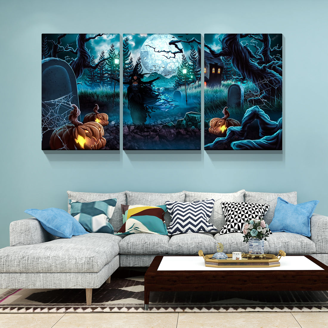 3 Pcs Halloween Wall Decor Wall Art With Lights Halloween Decorations With Spooky Pumpkins For Party Living Room Decorative Wall Art 2436Inch Thickness 1.5Inch Multicolor Halloween Renaissance Modern Canvas