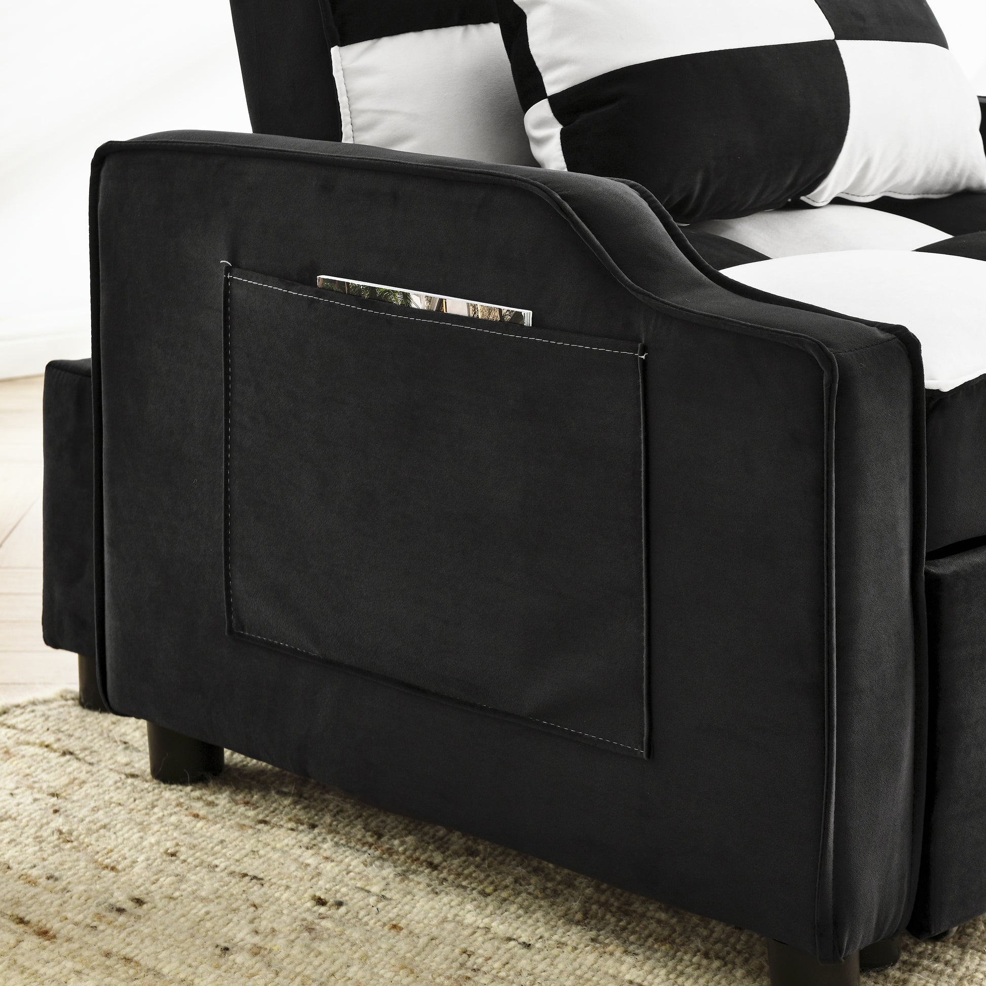 Modern Velvet Armchair Sofa Couch Pull Out Bed,3 In One Convertible For Living Room Sofa Bed,Black White Black White Velvet Primary Living Space Cushion Back Medium Soft Medium Duty American Design Pillow Top Arms Foam Velvet 1 Seat