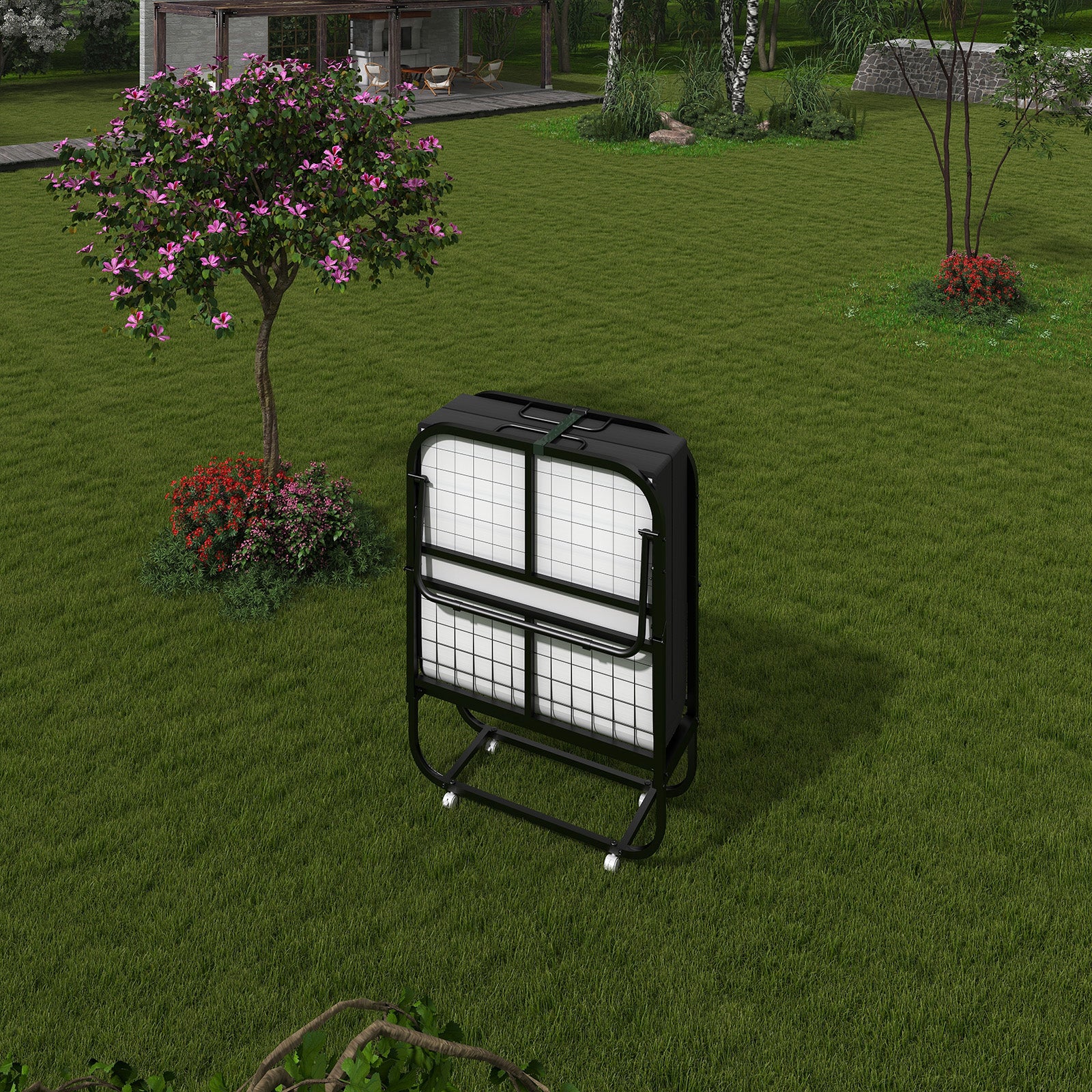 Deluxe Diplomat Folding Bed Twin Size With Luxurious Memory Foam Mattress And A Super Strong Sturdy Frame White Black Metal