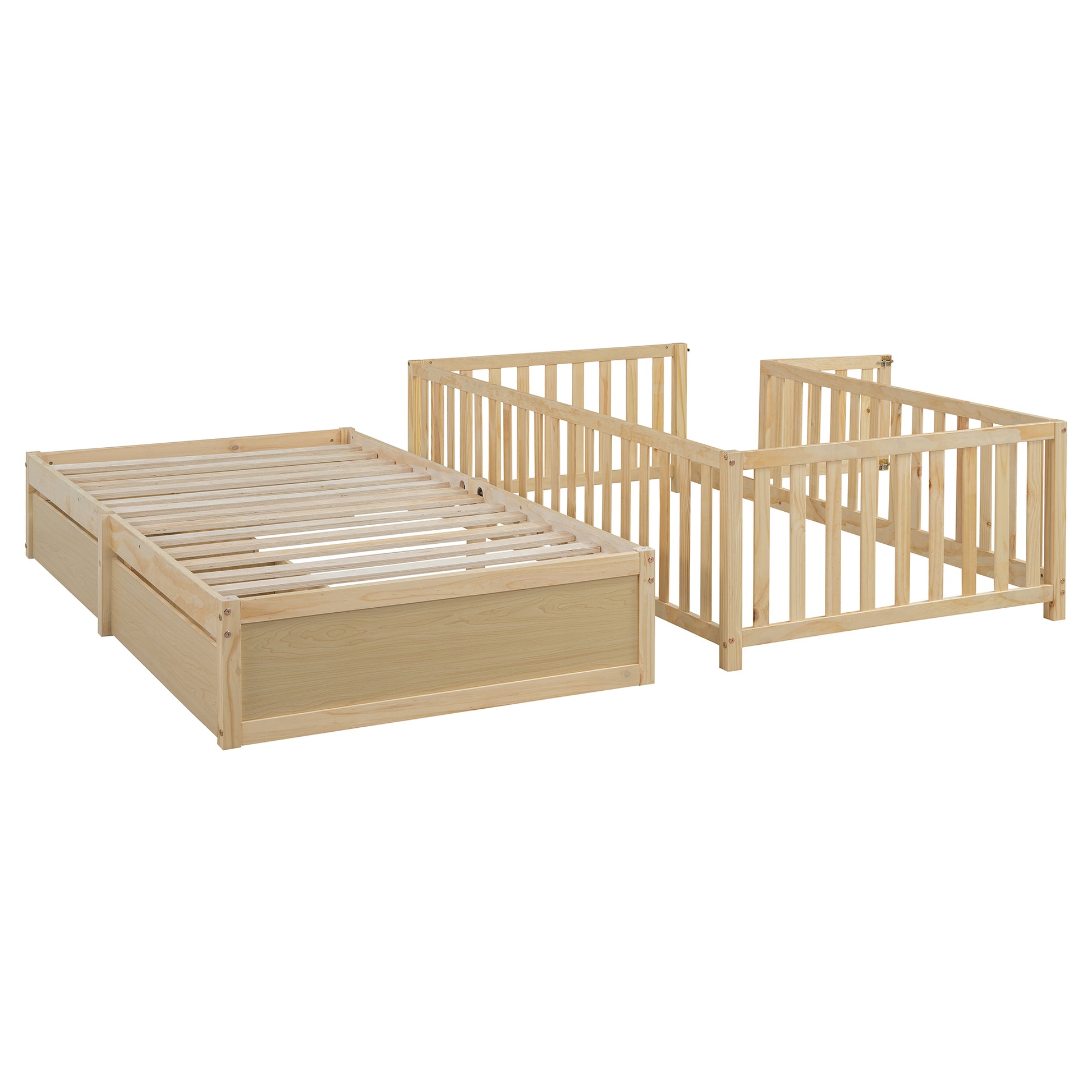 Twin Size Wood Daybed With Fence Guardrails And 2 Drawers, Split Into Independent Floor Bed & Daybed, Natural Old Sku :Lp000881Aan Twin Natural Solid Wood Mdf