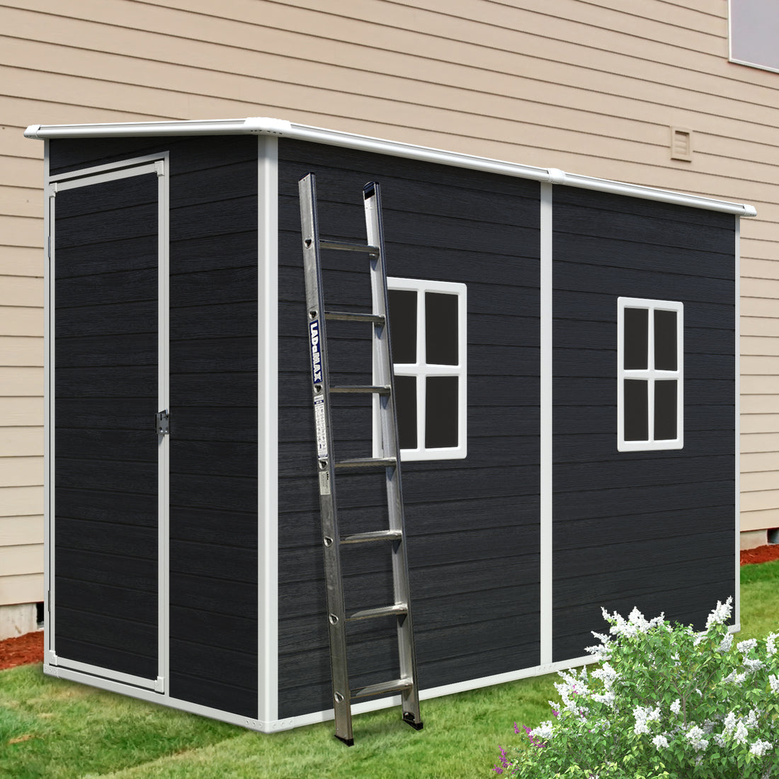 4X8Ft Outdoor Storage Shed With Floor Resin Shed With Two Window, Waterproof ,Lockable Doors For Patio,Yard,Lawn Black Black Polypropylene