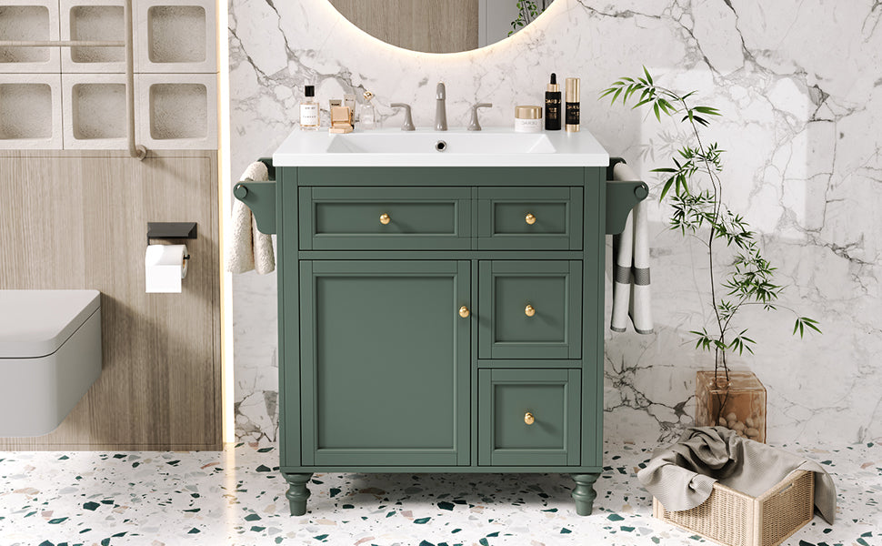 30'' Bathroom Vanity With Top Sink, Modern Bathroom Storage Cabinet With 2 Drawers And A Tip Out Drawer, Single Sink Bathroom Vanity Same As Sw000143Aaf Green Bathroom Modern Solid Wood Mdf Resin
