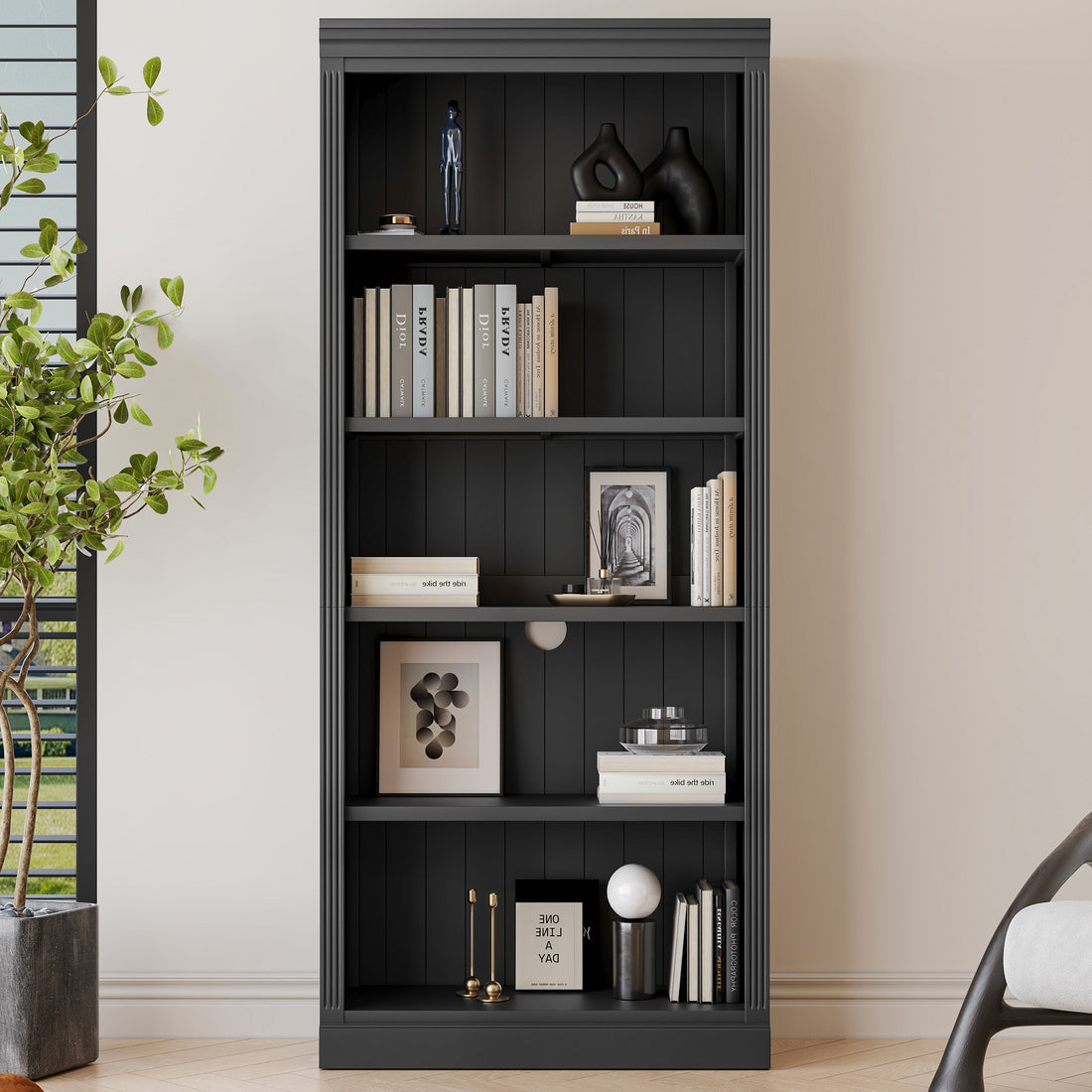 83" Tall Wood Bookcase,5 Tier Home Decor Bookshelves With Adjustable Storage Shelves,Storage Organizer For Cds Books Movies,Free Standing Storage Shelves For Living Room,Home Office,Black Black Solid Wood Mdf