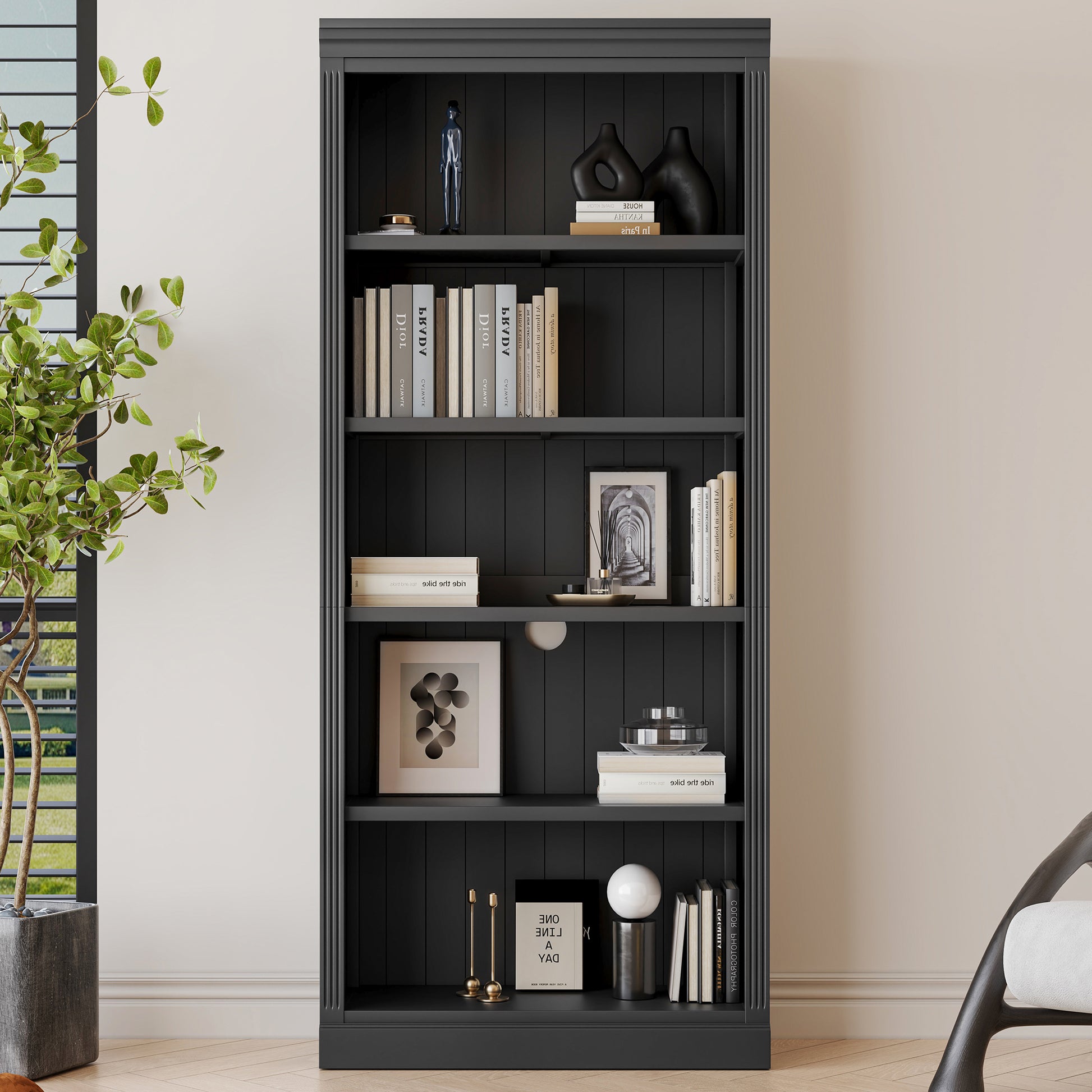 83" Tall Wood Bookcase,5 Tier Home Decor Bookshelves With Adjustable Storage Shelves,Storage Organizer For Cds Books Movies,Free Standing Storage Shelves For Living Room,Home Office,Black Black Solid Wood Mdf