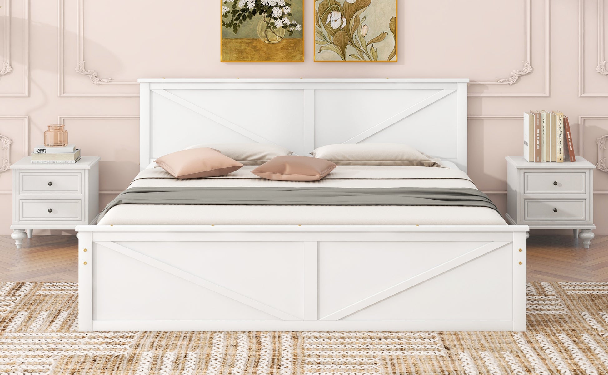King Size Wooden Platform Bed With Four Storage Drawers And Support Legs, White King White Pine