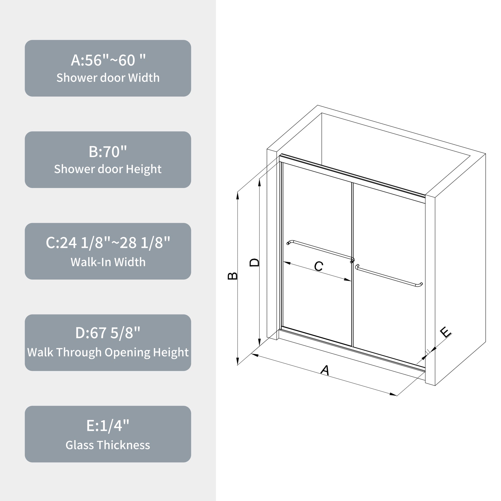 Bypass Shower Door, Sliding Door, With 1 4" Tempered Glass And Polished Finish 6070 Chrome Bathroom Aluminium Alloy